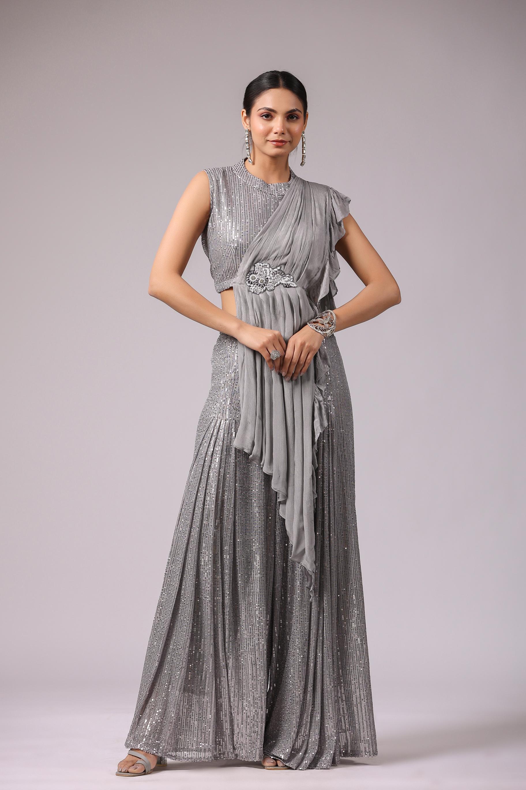 Spanish Grey Embellished Premium Net Tunic & Palazzo Set