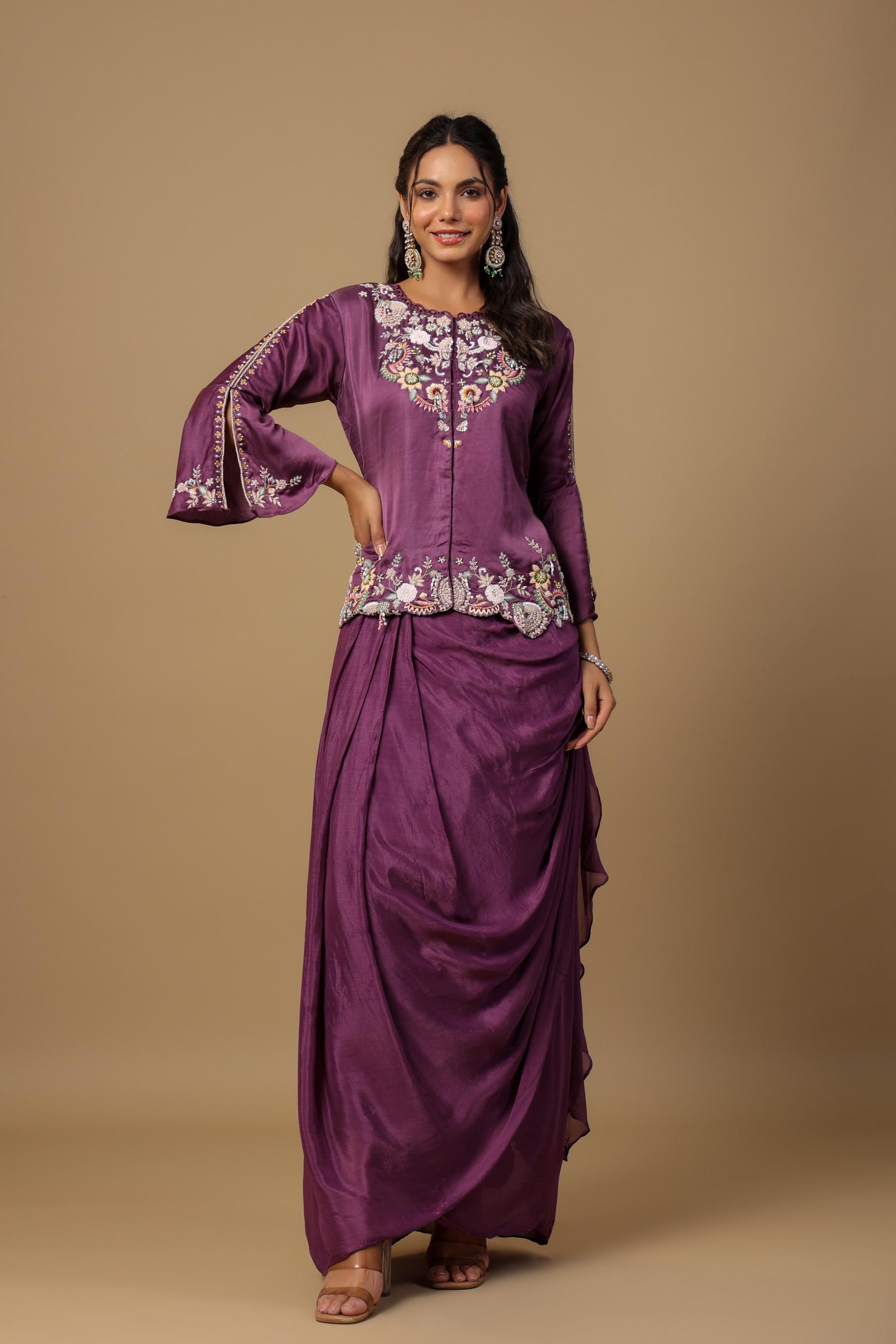 Deep Ruby Embellished Premium Chinon Silk Skirt Set