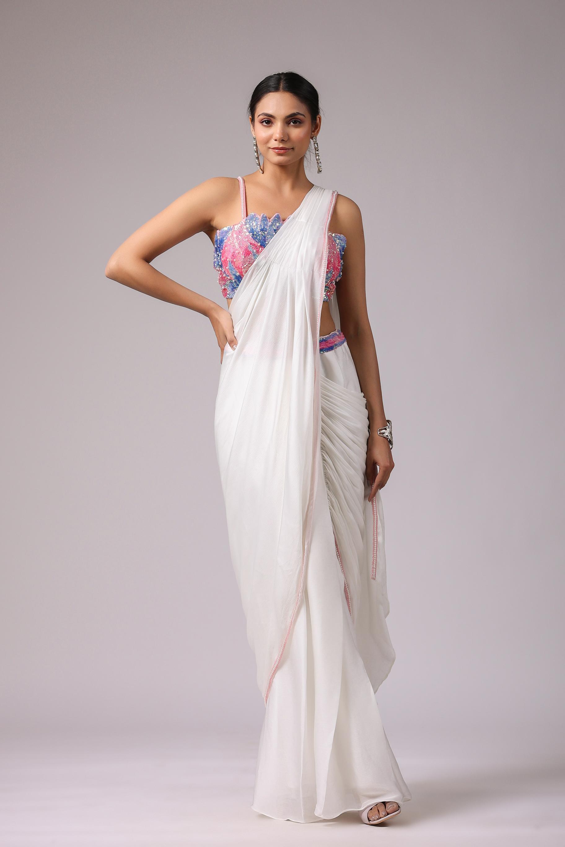 White Embellished Premium Chinon Silk Draped Saree