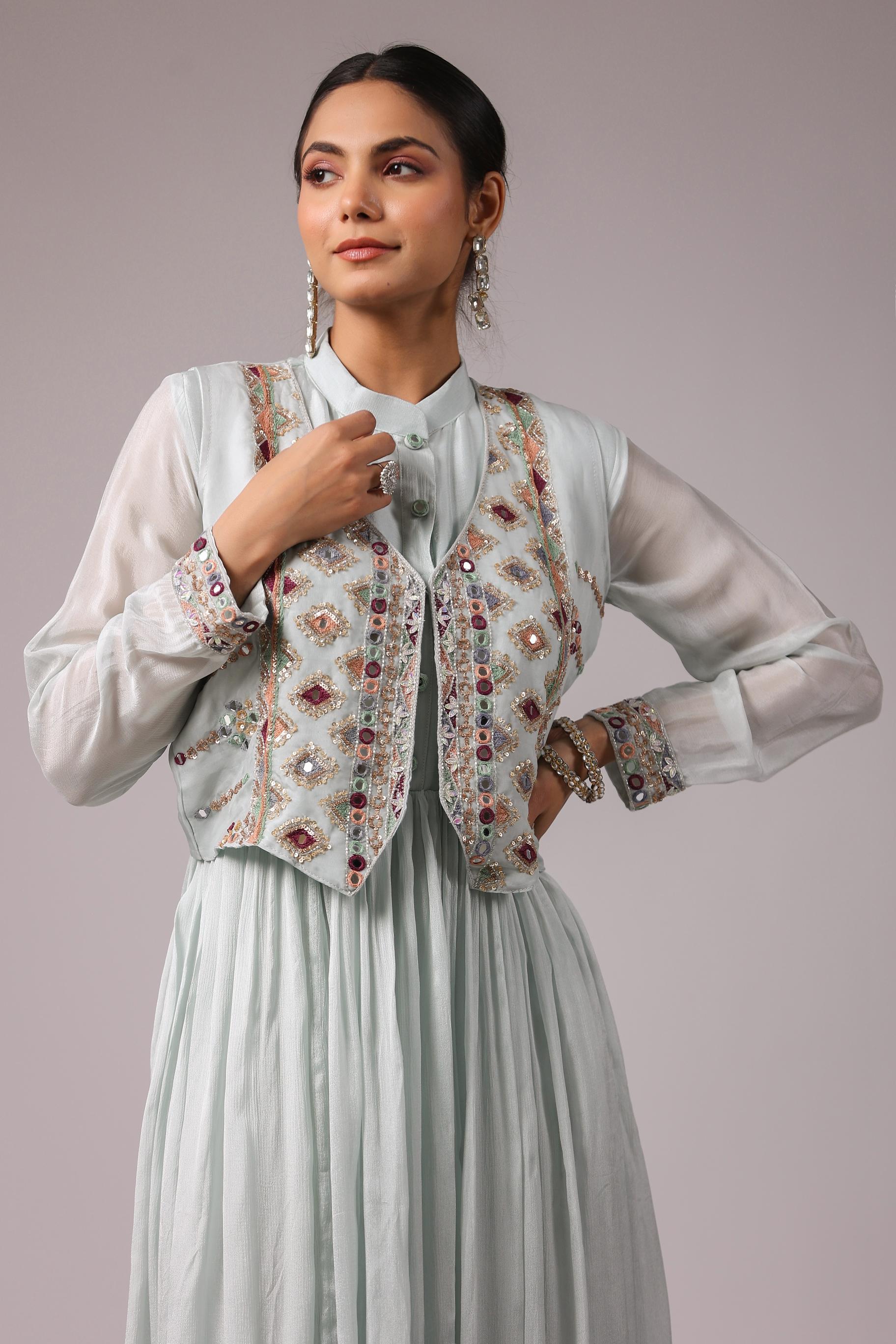 Light Blue Embroidered Premium Chinon Silk Jacket Gown