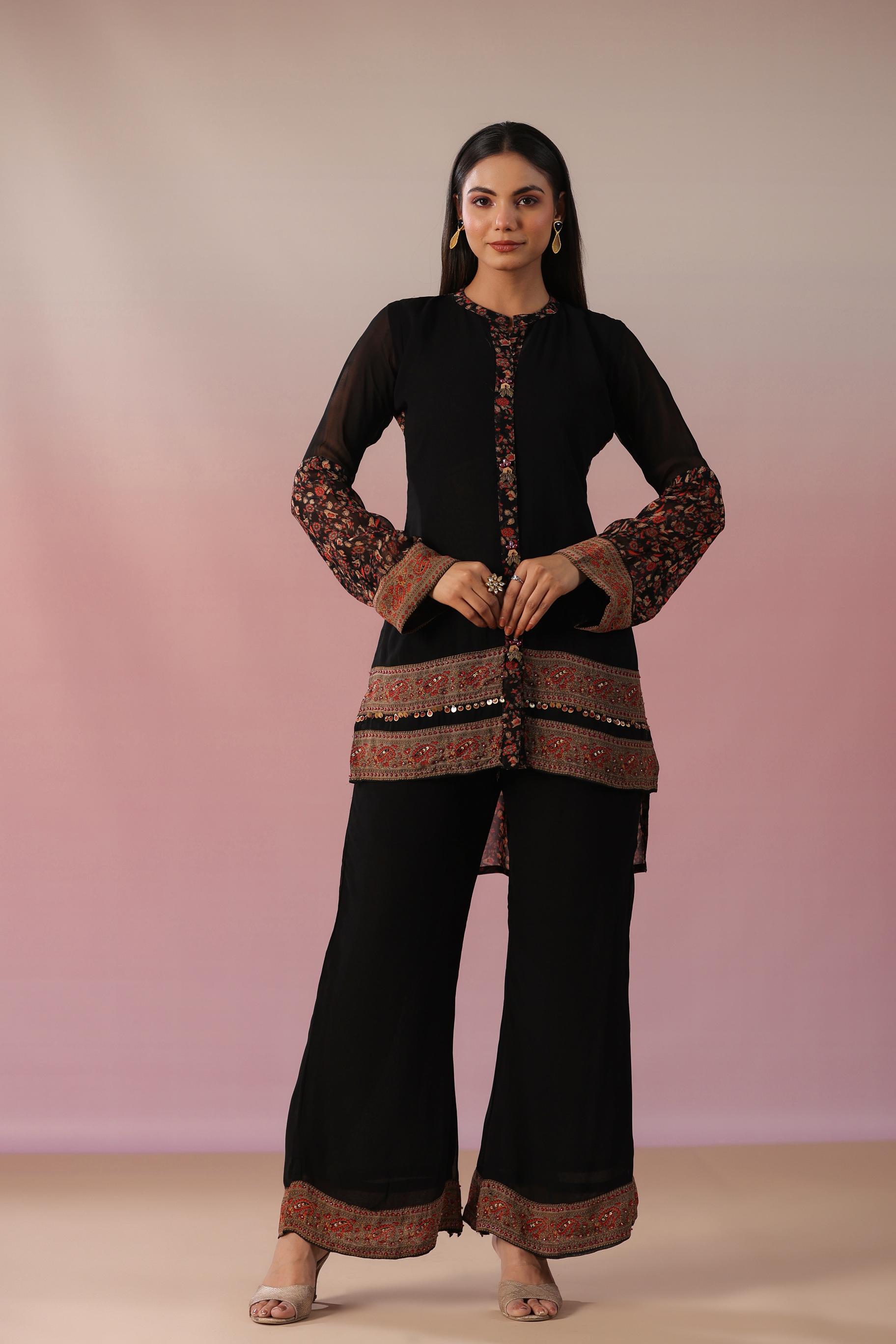 Black Floral Printed Swiss Georgette Silk Co-Ord Set