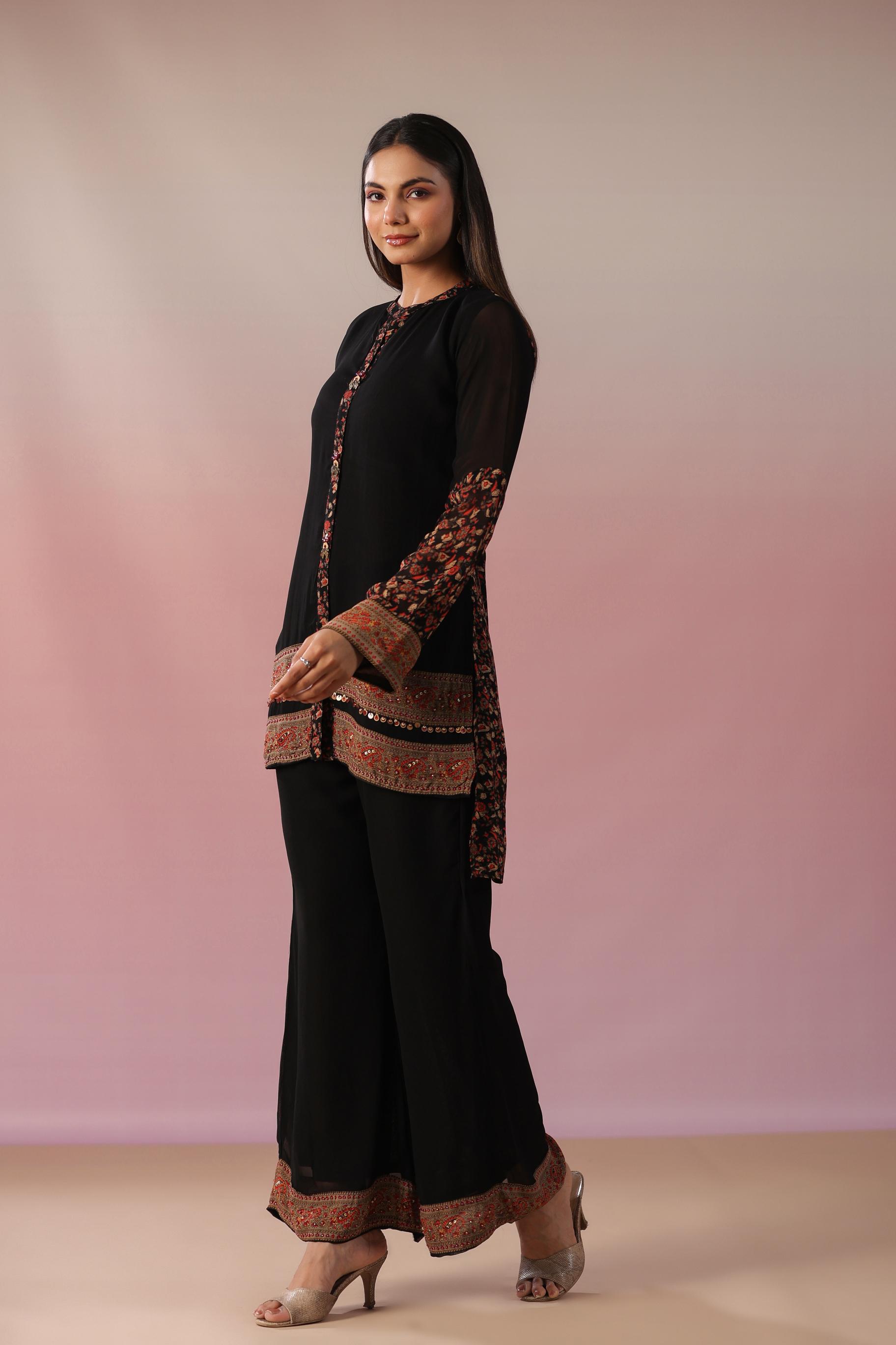 Black Floral Printed Swiss Georgette Silk Co-Ord Set