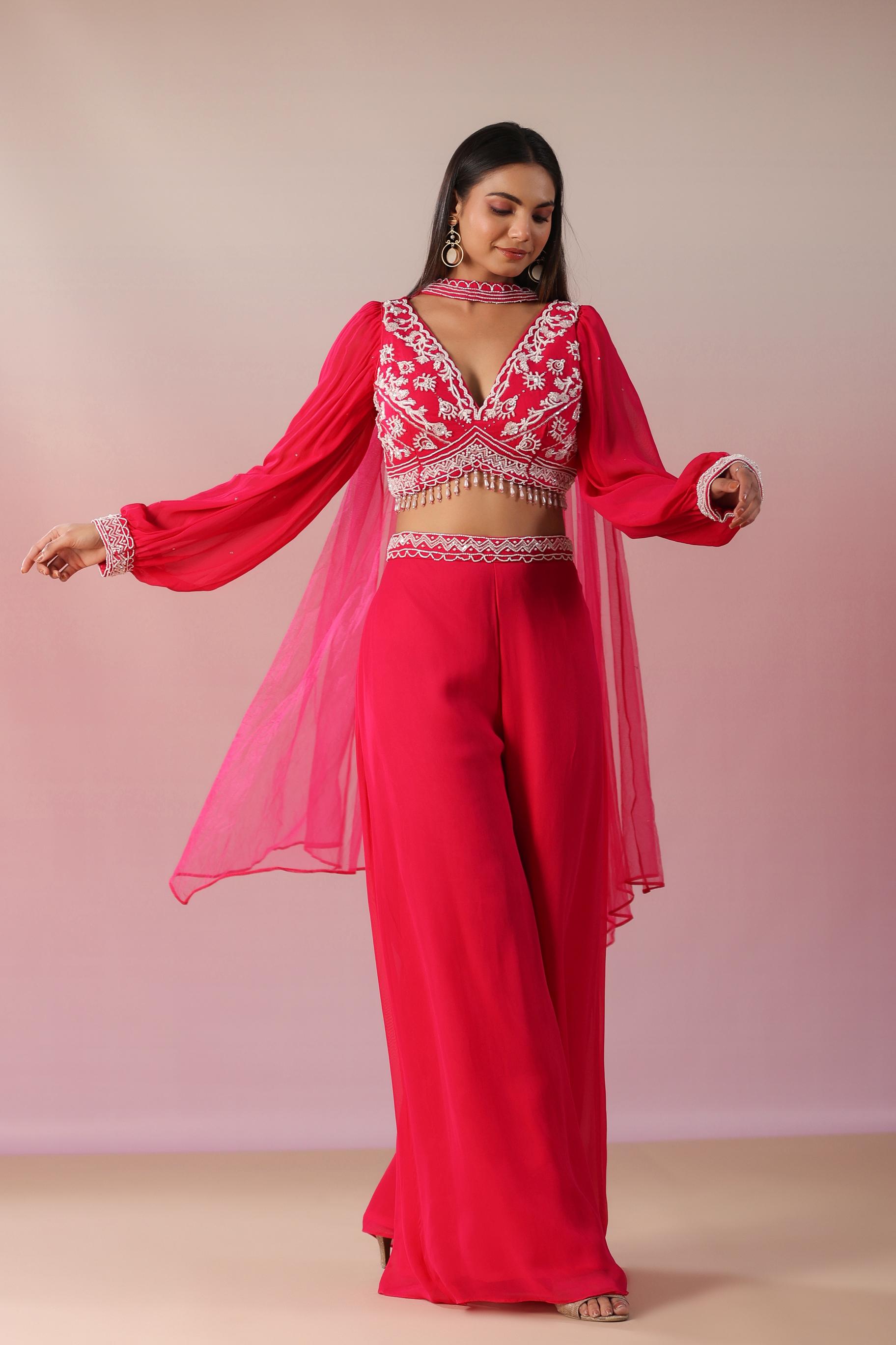 Rani Pink Embellished Crystal Georgette Silk Crop Top Palazzo & Dupatta Set