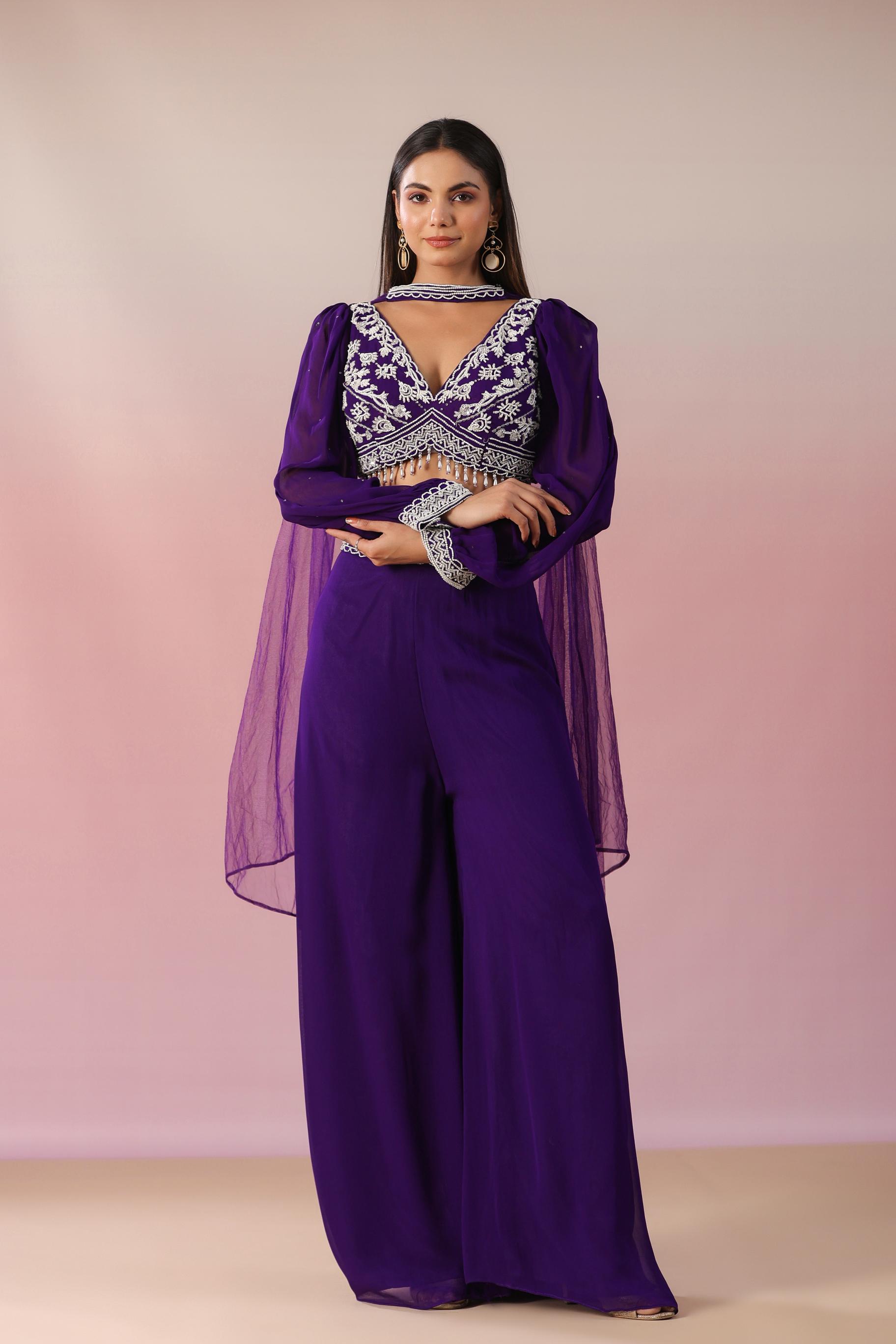 Purple Embellished Crystal Georgette Silk Crop Top Palazzo & Dupatta Set