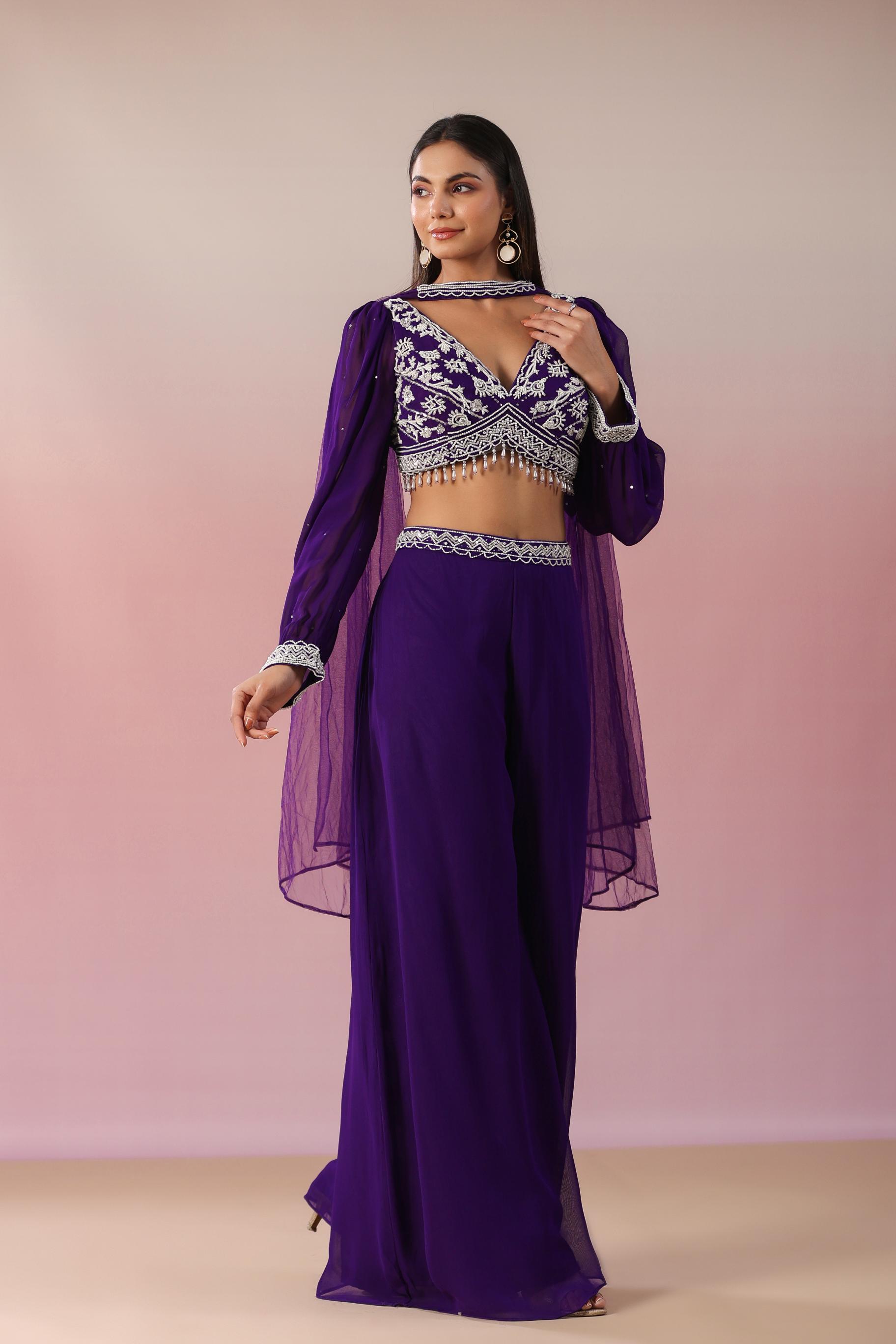 Purple Embellished Crystal Georgette Silk Crop Top Palazzo & Dupatta Set