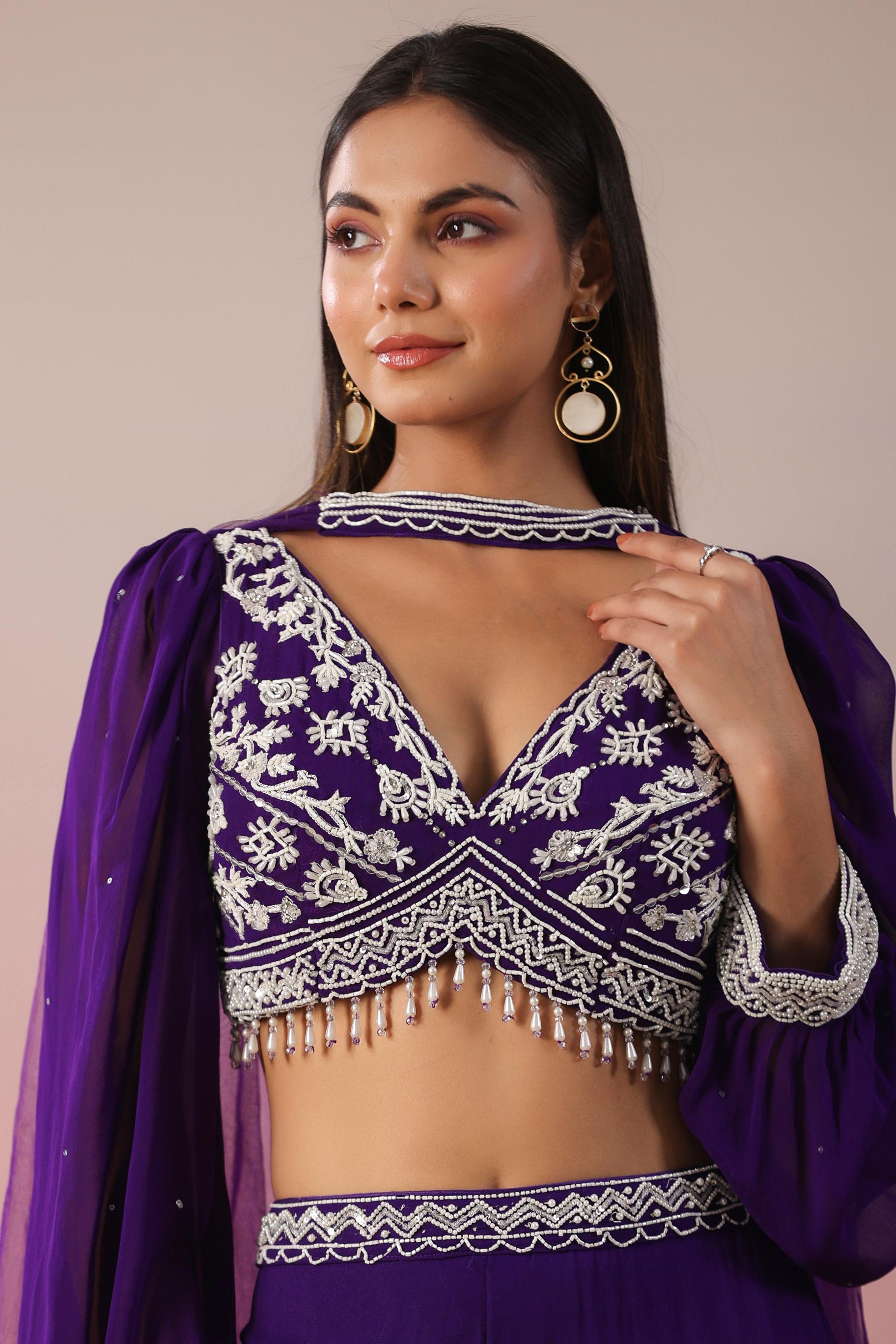 Purple Embellished Crystal Georgette Silk Crop Top Palazzo & Dupatta Set