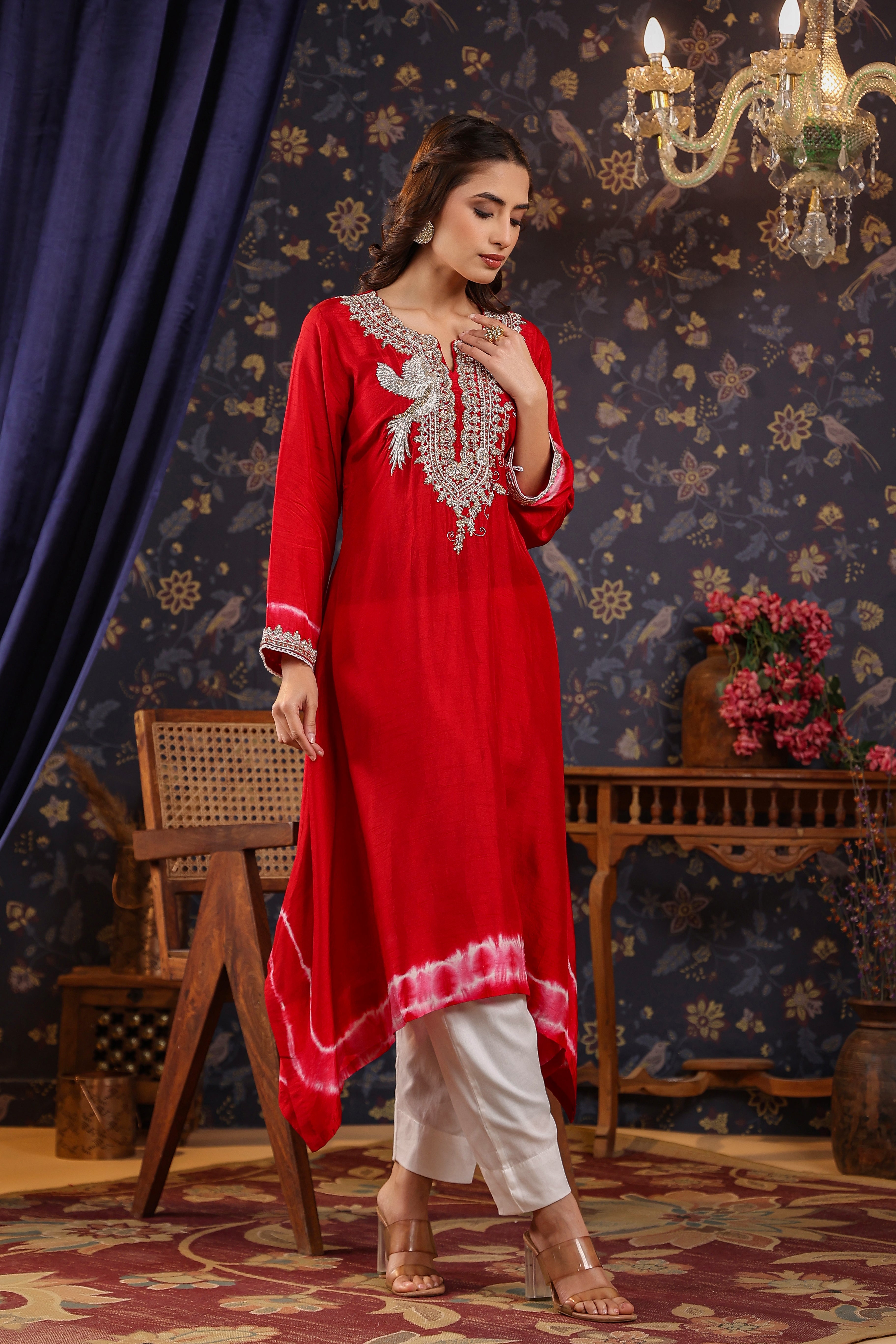 Deep Red Embellished Raw Silk Pants Set