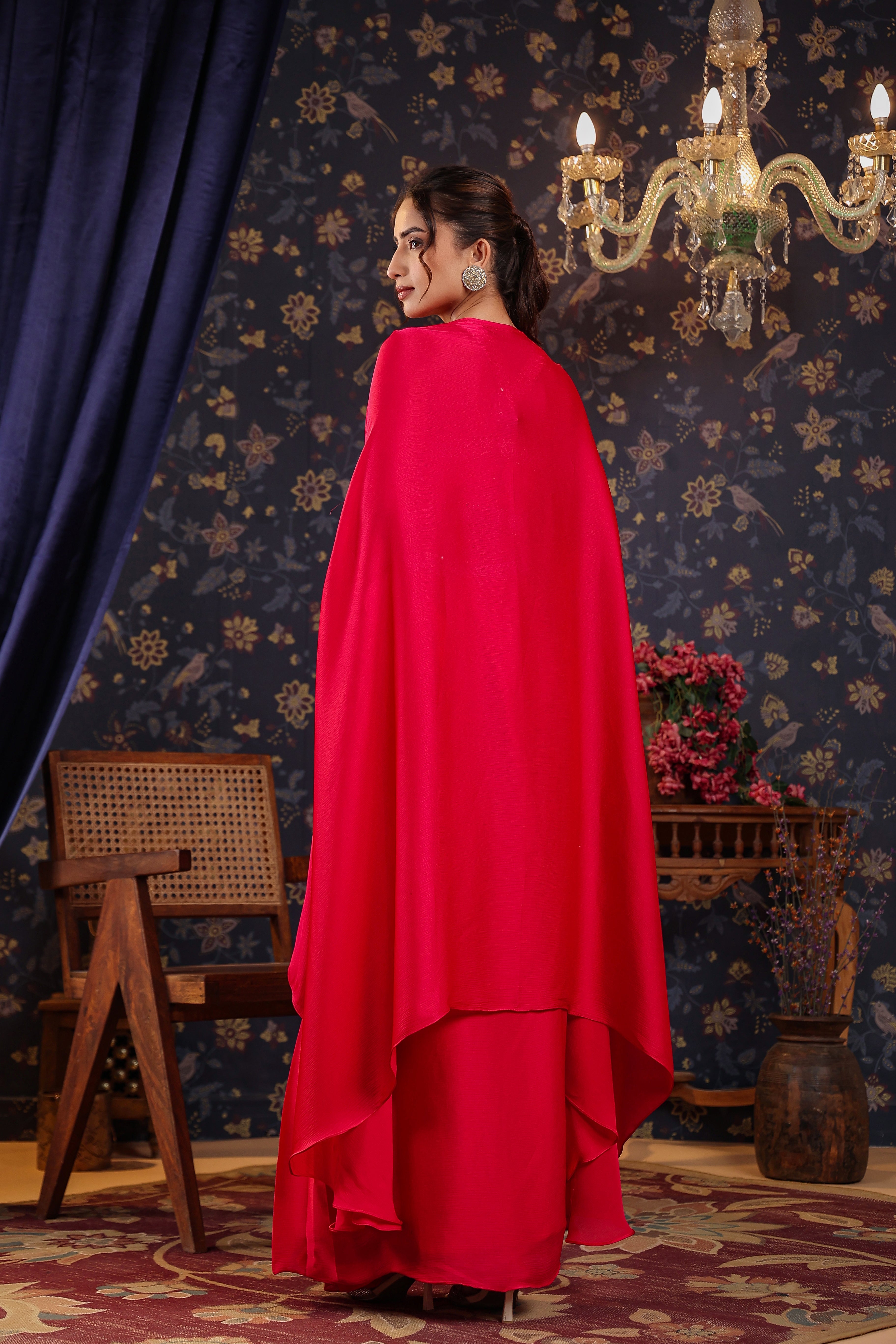 Reddish Pink Embroidered Premium Silk Skirt Cape Set