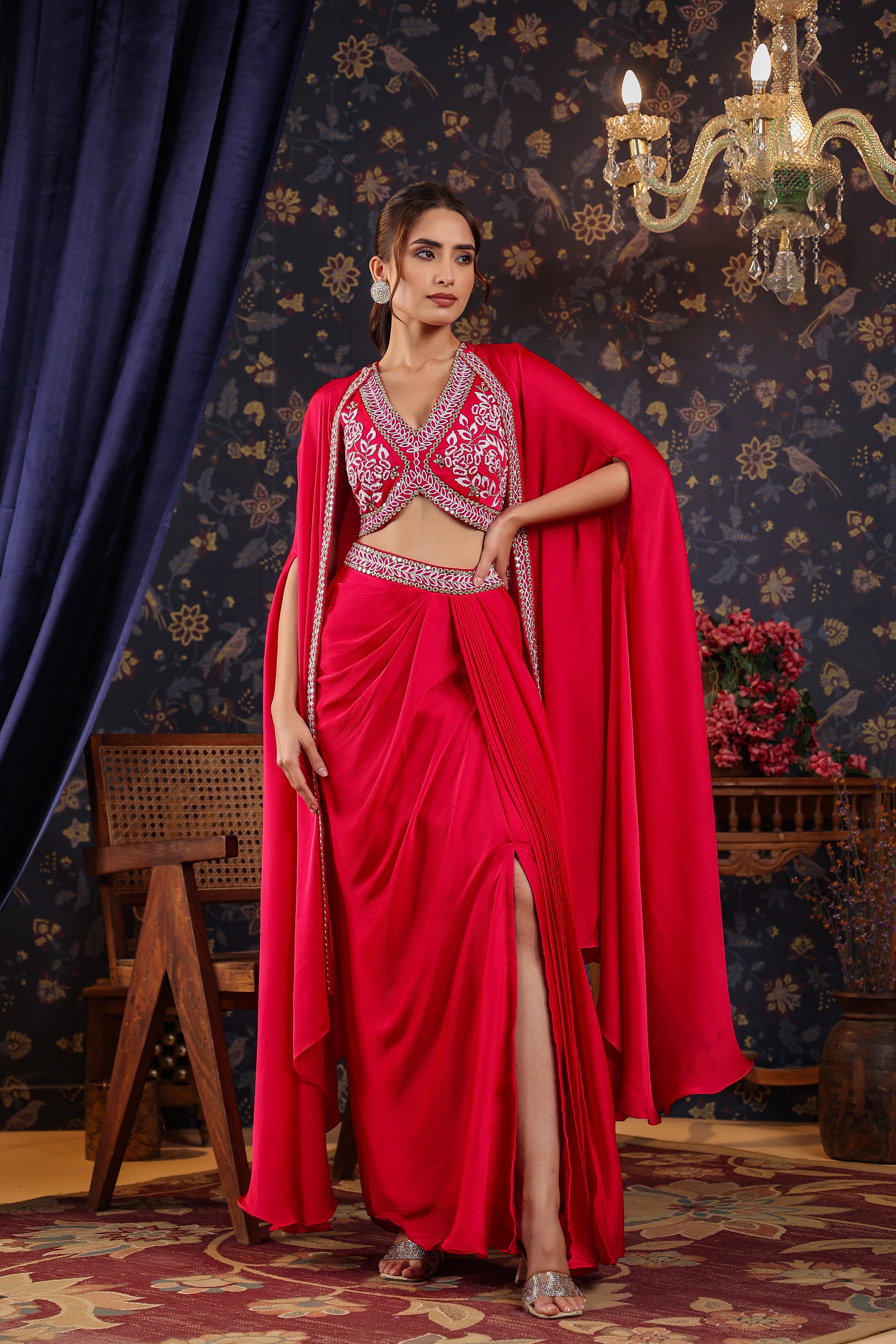 Reddish Pink Embroidered Premium Silk Skirt Cape Set