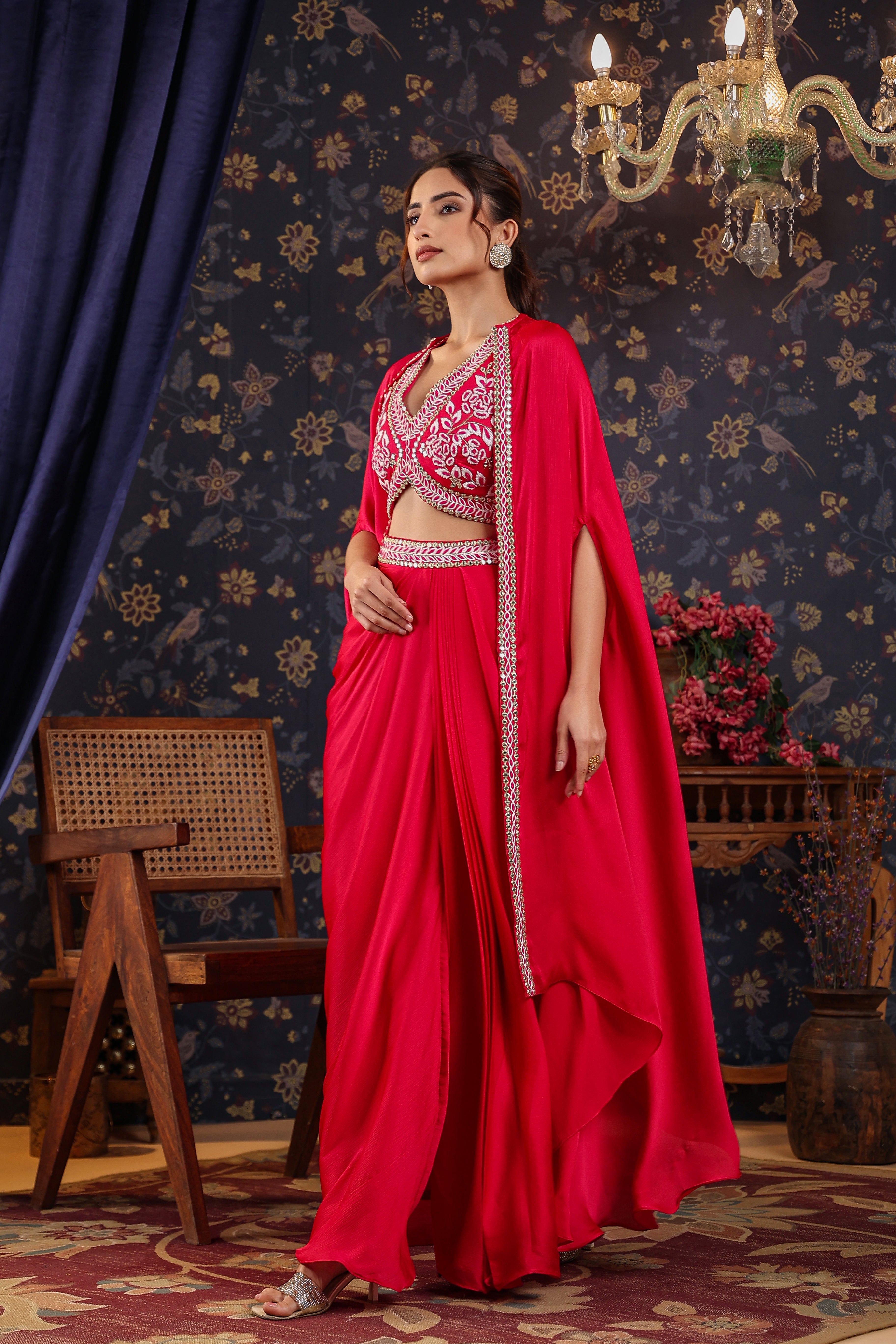 Reddish Pink Embroidered Premium Silk Skirt Cape Set