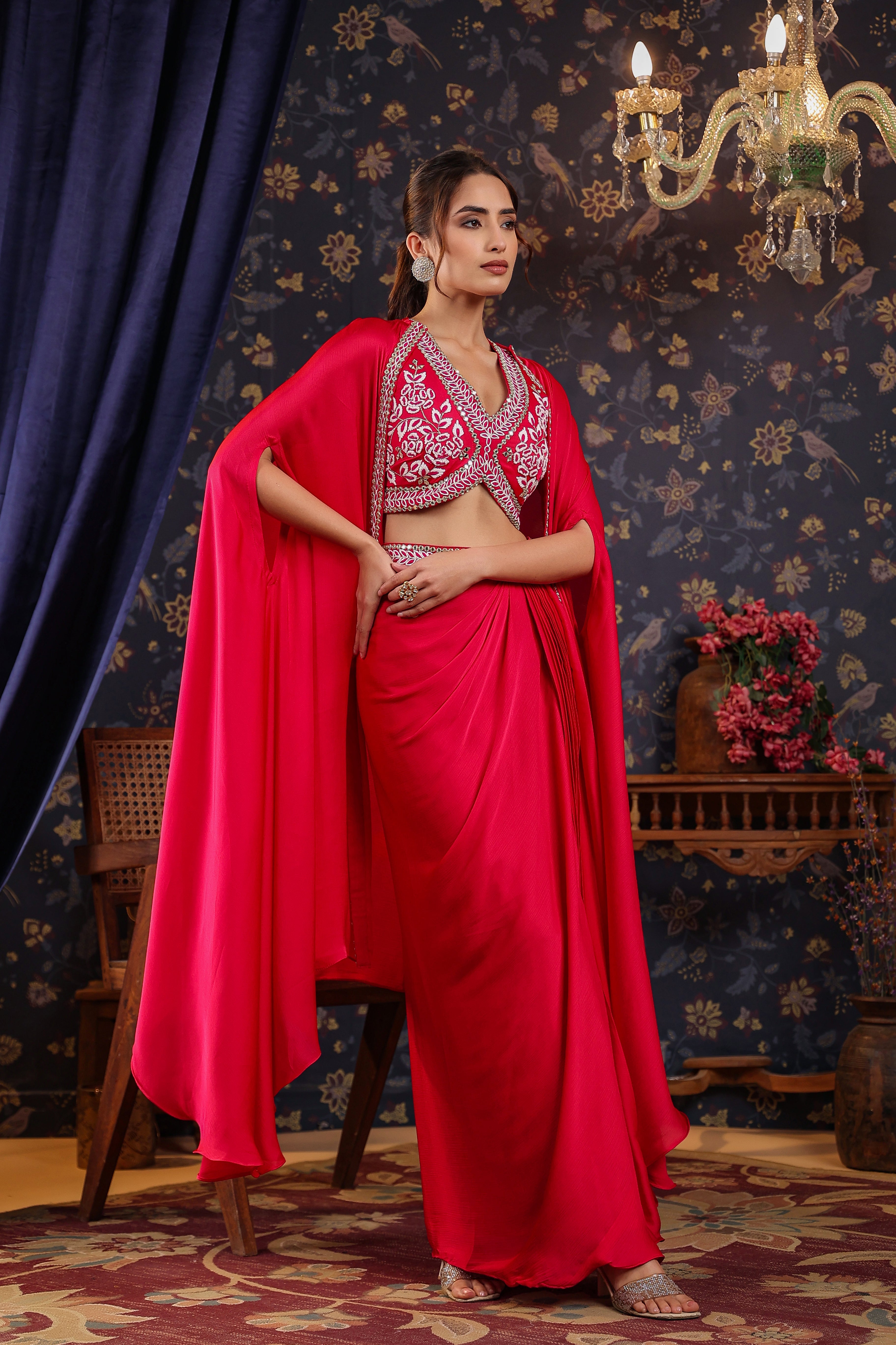 Reddish Pink Embroidered Premium Silk Skirt Cape Set