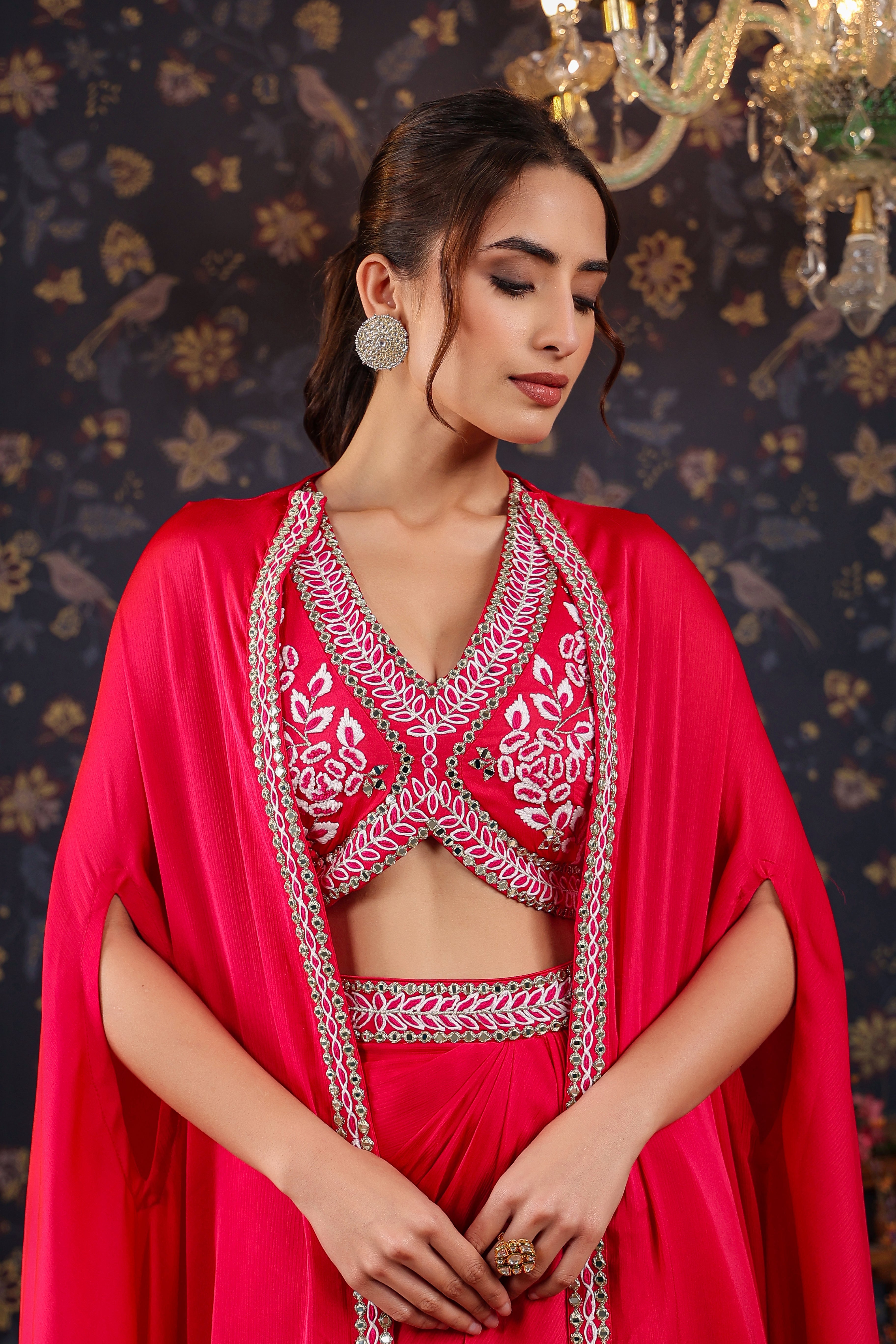 Reddish Pink Embroidered Premium Silk Skirt Cape Set