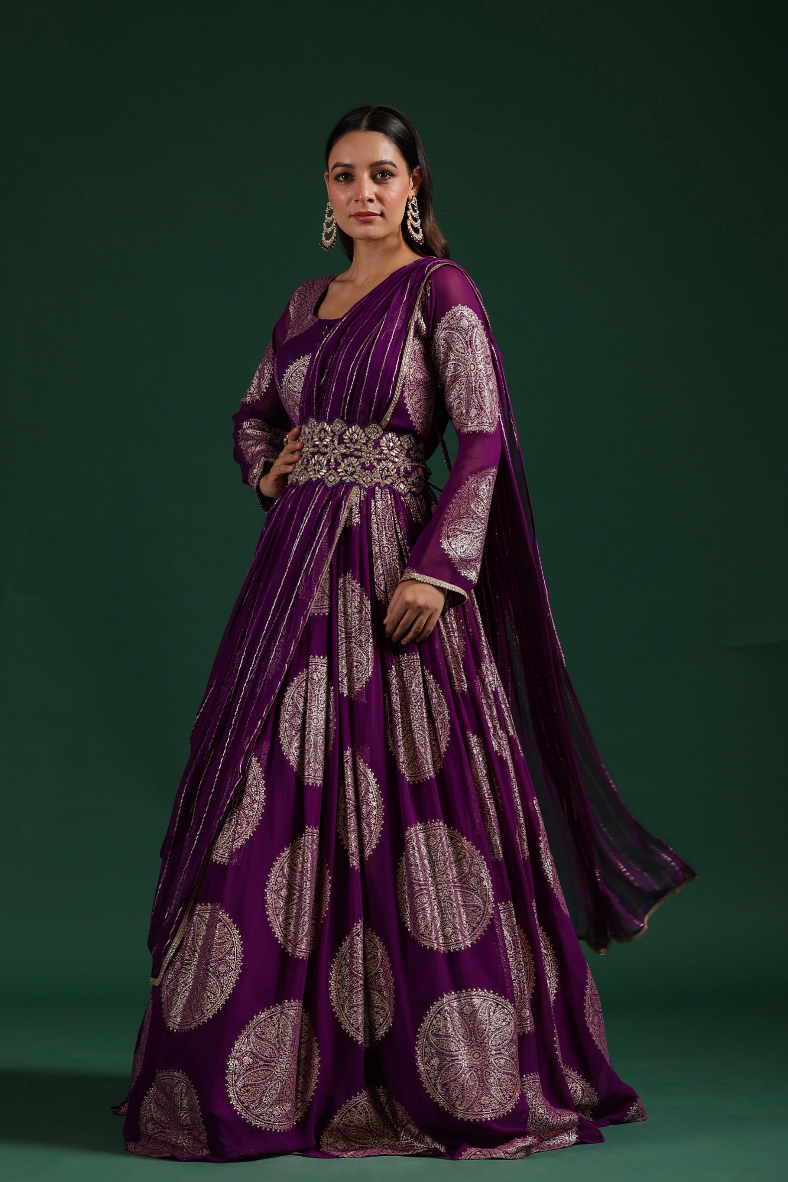 Purple Brocade Georgette Silk Draped Gown