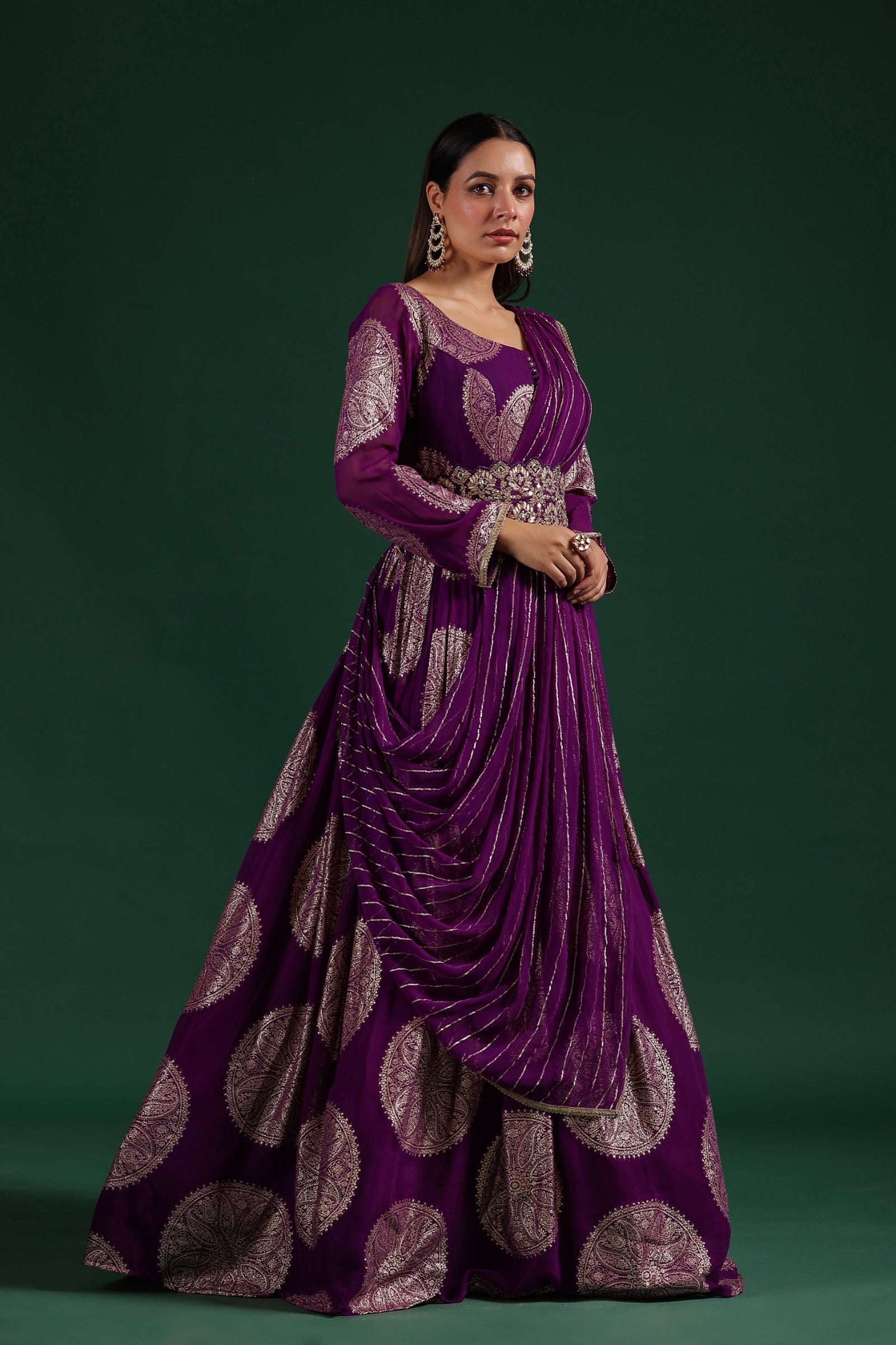 Purple Brocade Georgette Silk Draped Gown