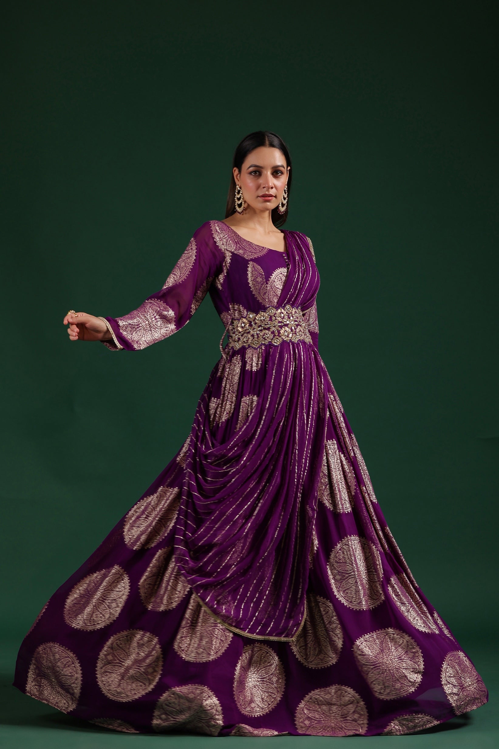 Purple Brocade Georgette Silk Draped Gown