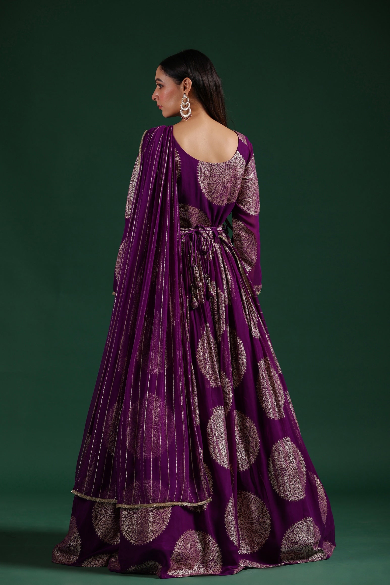 Purple Brocade Georgette Silk Draped Gown