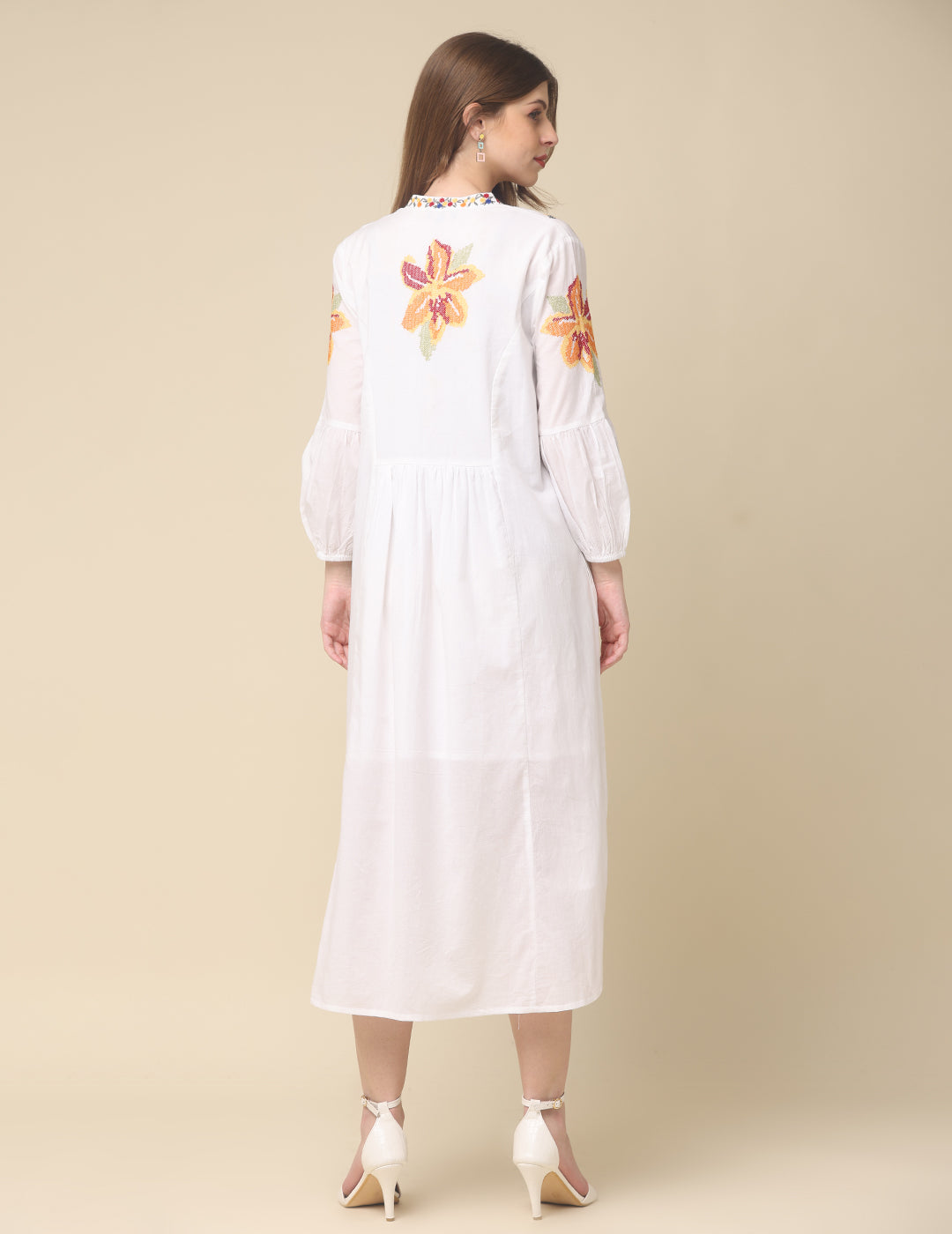 White Floral Embroidered Cotton Linen Dress