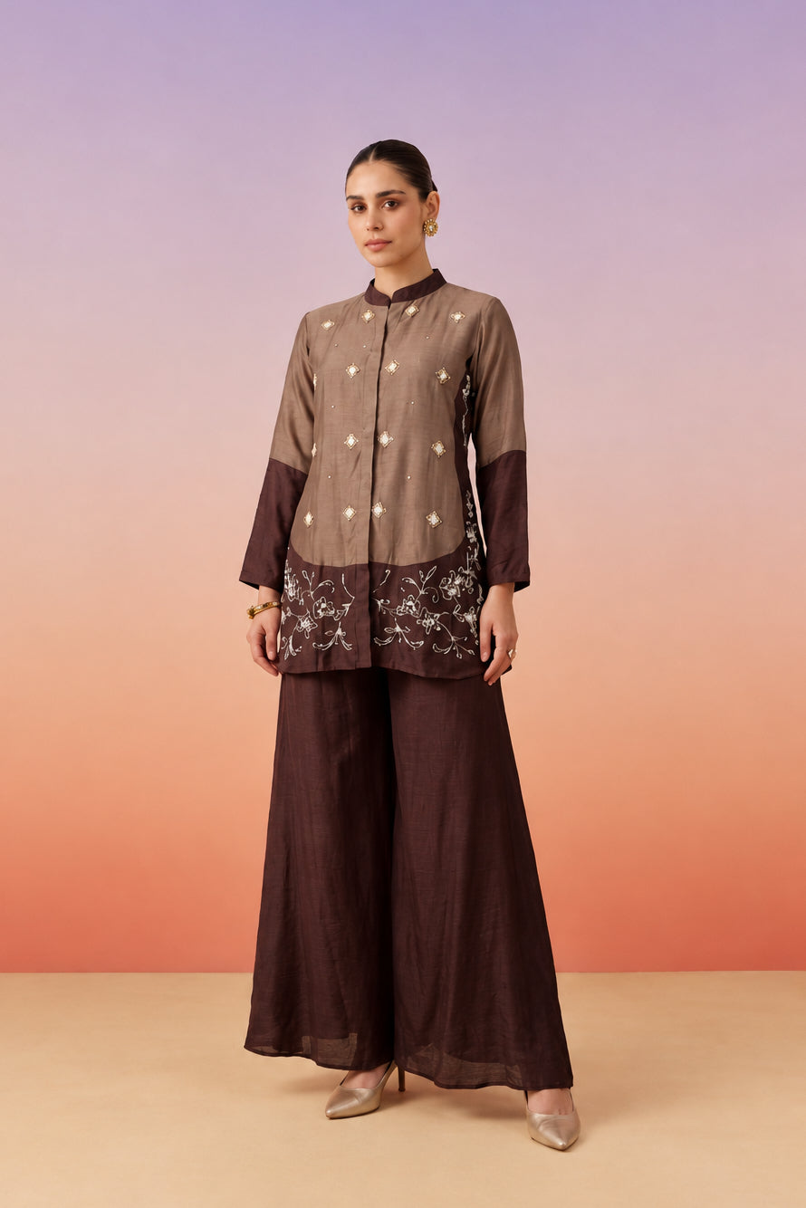 Brown Plum Embellished Crepe Silk Co-Ord Set