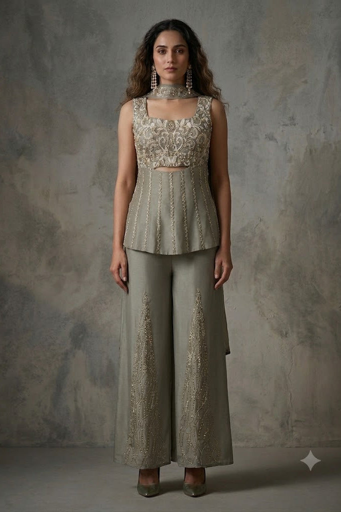 Mink Grey Embellished Crepe Silk Palazzo Set