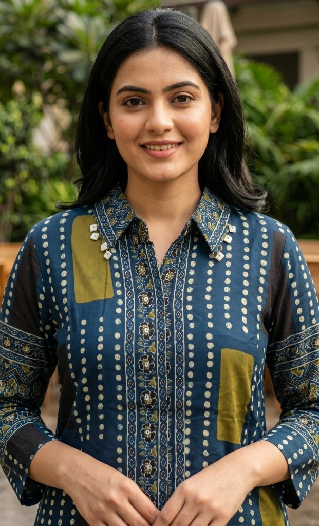 Keya Teal Printed Muslin Silk Kurta Set
