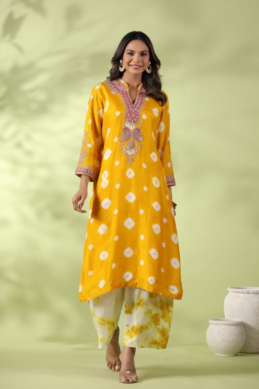 Yellow Bandhej & Zari Embroidered Kurta with Palazzo