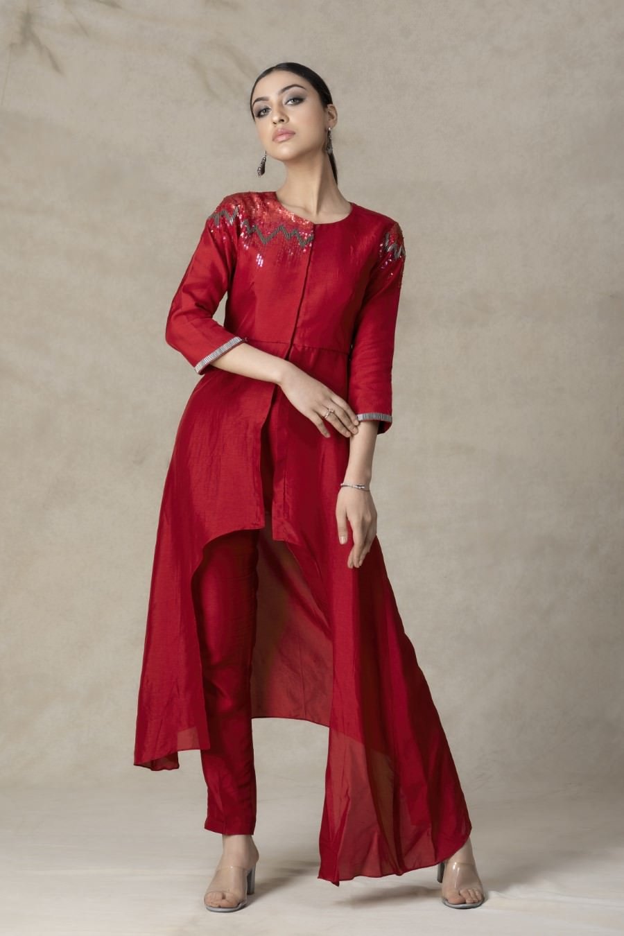 Asymmetrical Carmine Red German Silk Kurta Pant Set