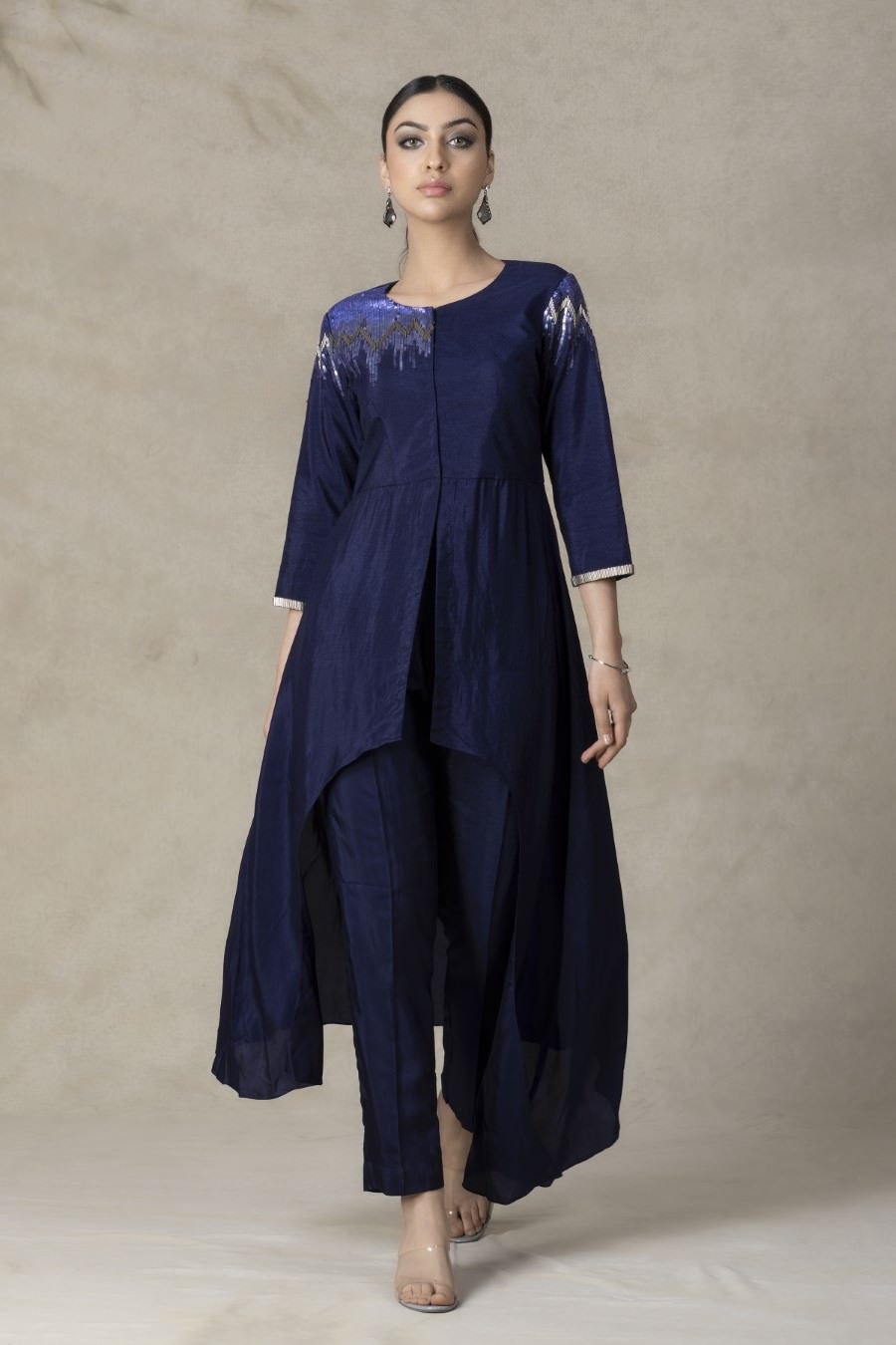 Asymmetrical Violet German Silk Kurta Pant Set