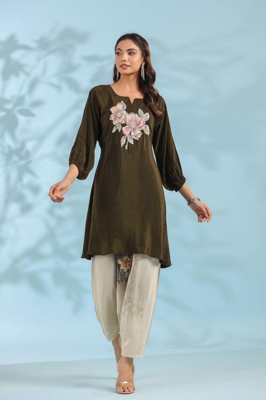 Deep Green Floral Crepe Silk Kurta with Dhoti Pants