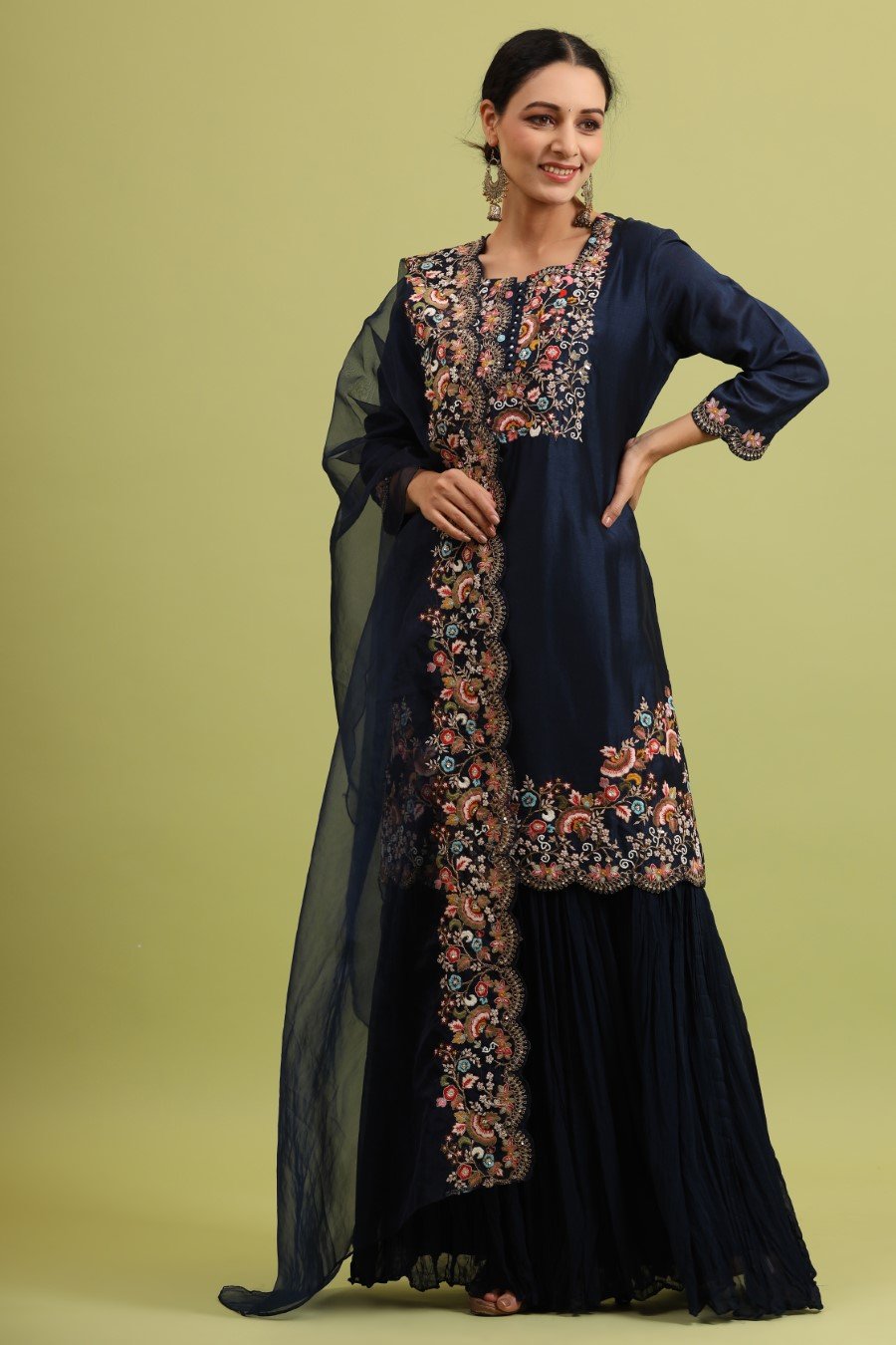 Navy Blue Modal Chanderi Embroidered Sharara Set