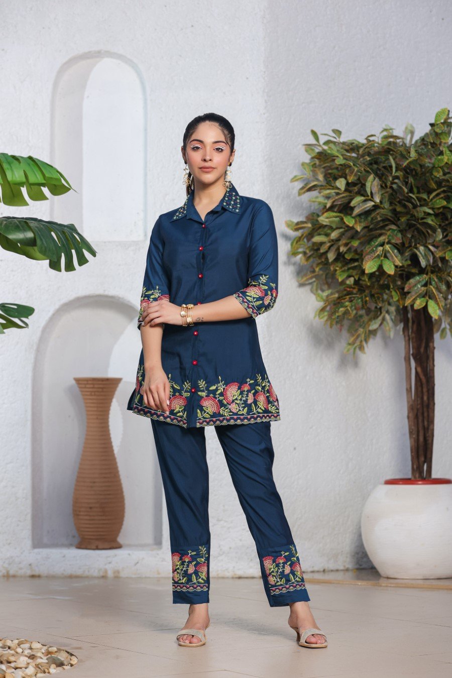 Navy Blue Floral Embroidered Italian Silk Co-ord Set