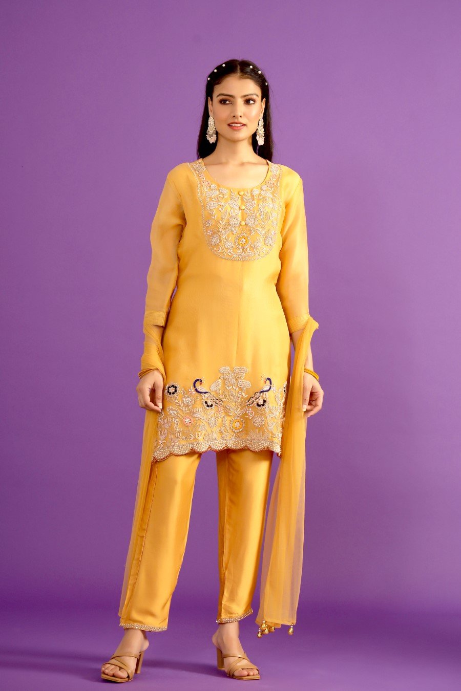 Fresh Yellow Organza Silk Embroidered Kurta Set