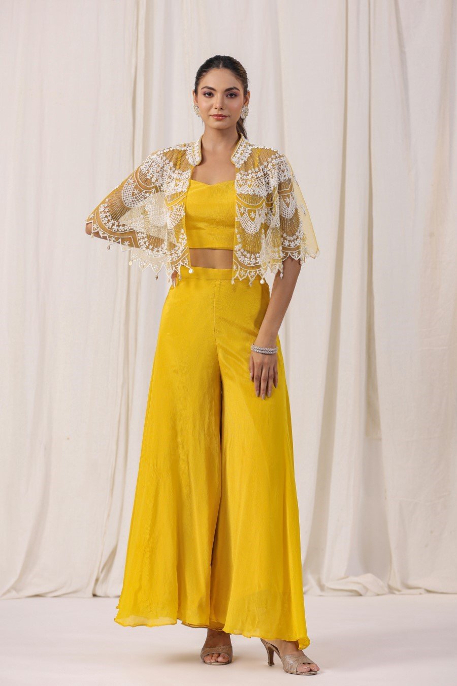 Yellow Embellished Cape with Crop Top & Palazzo