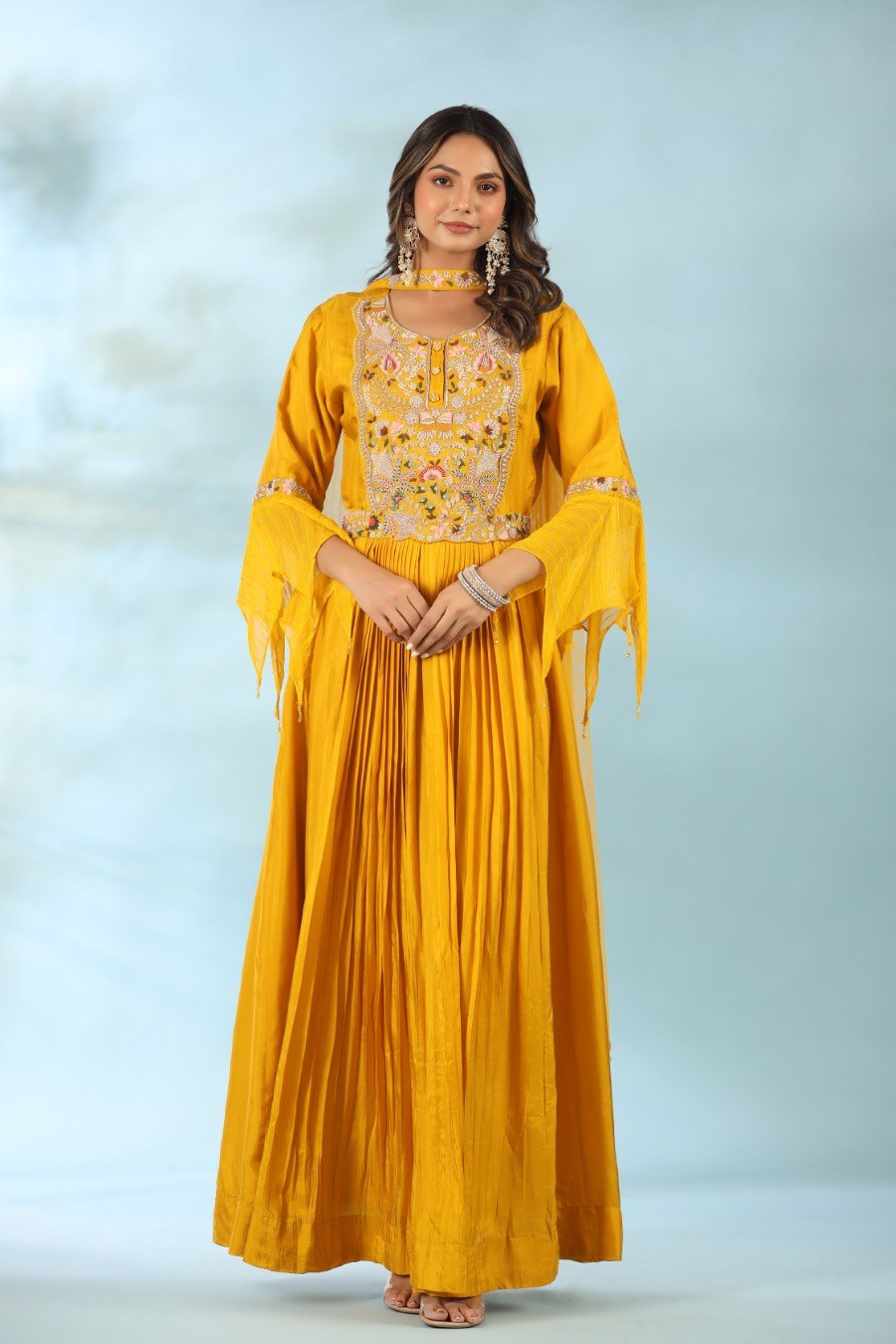 Yellow Modal Silk Anarkali with Dupatta