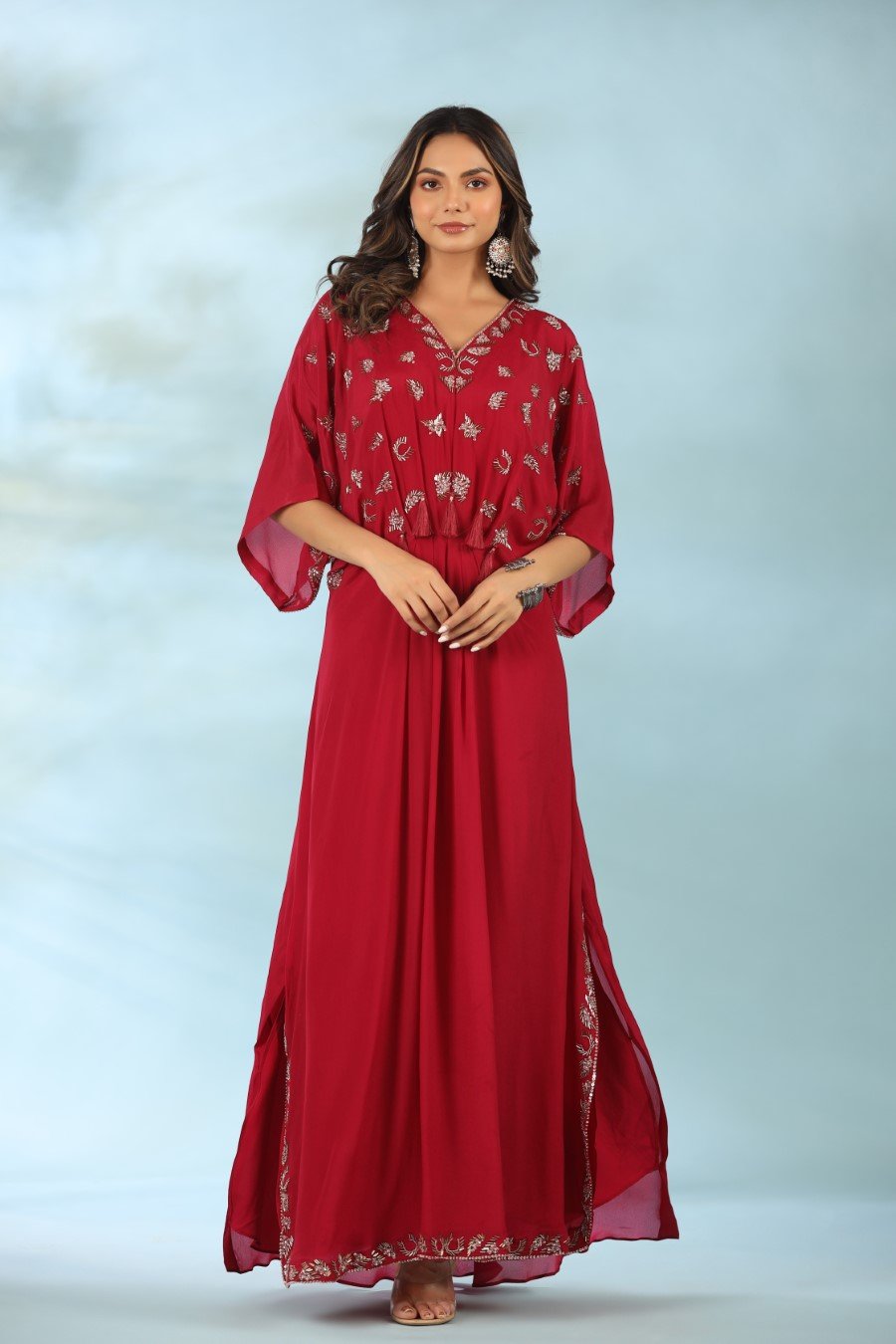 Wine Embellished Swiss Georgette Silk Kaftan