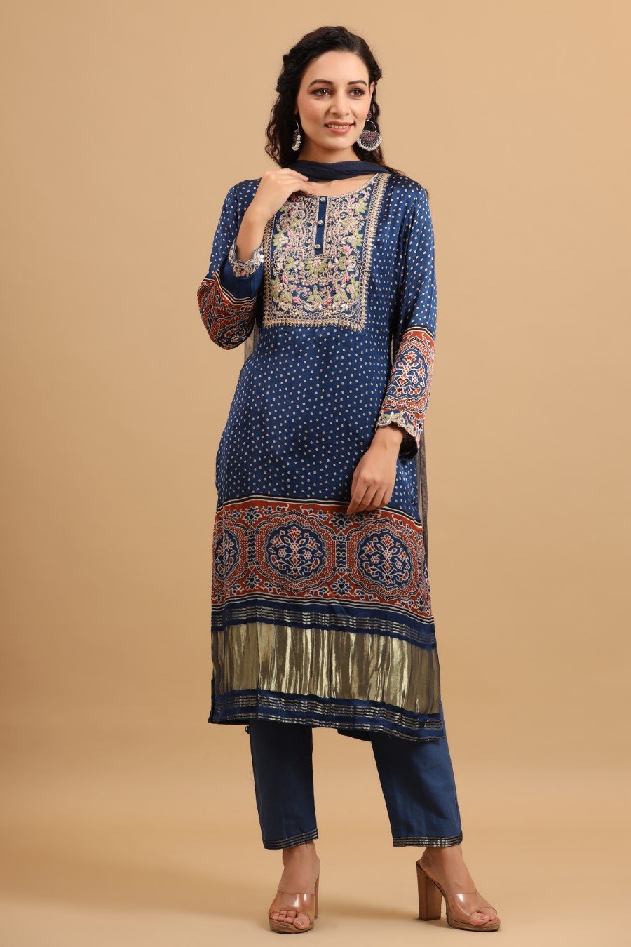 Royal Blue Bandhani &amp; Ajrakh Printed Kurta Set