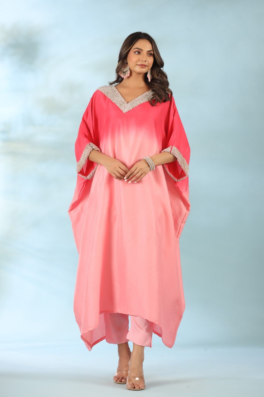 Pink Ombre Pearl Embroidered Kaftan With Pants