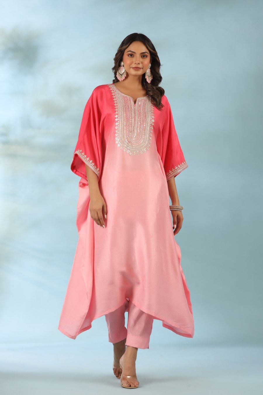 Pink Ombre Embroidered Kaftan With Pants