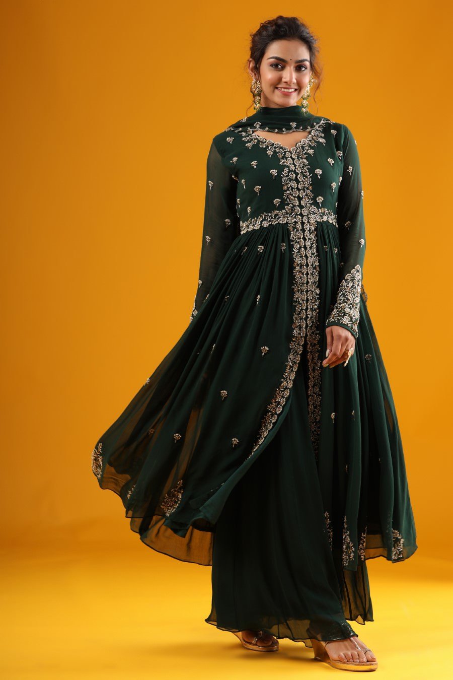 Emerald Green Hand Embroidered Kurta &amp; Palazzo With Dupatta