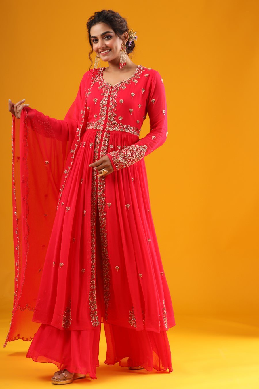 Cherry Pink Hand Embroidered Kurta &amp; Palazzo With Dupatta