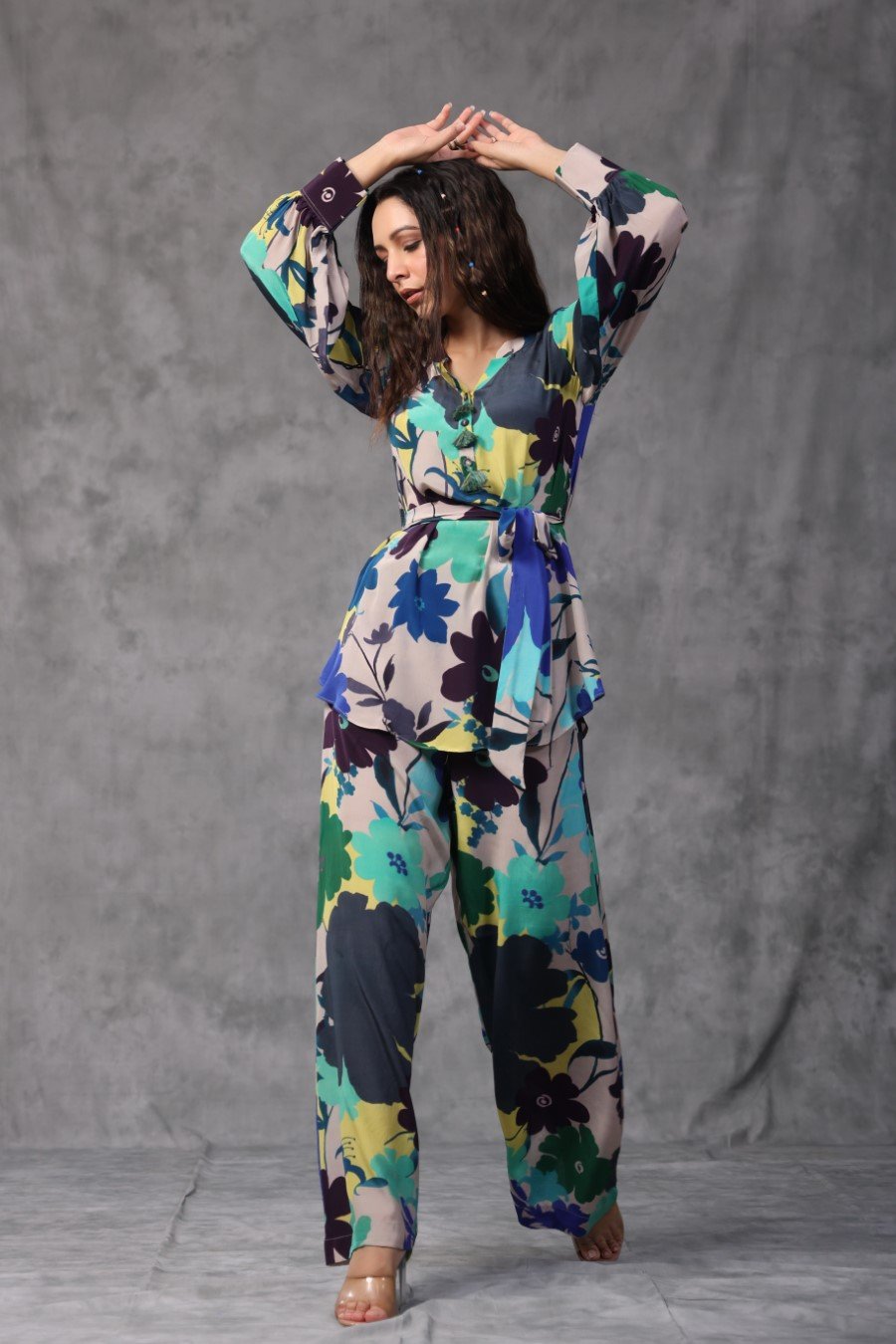 Blue Floral Moorish Crepe Co-ord Set