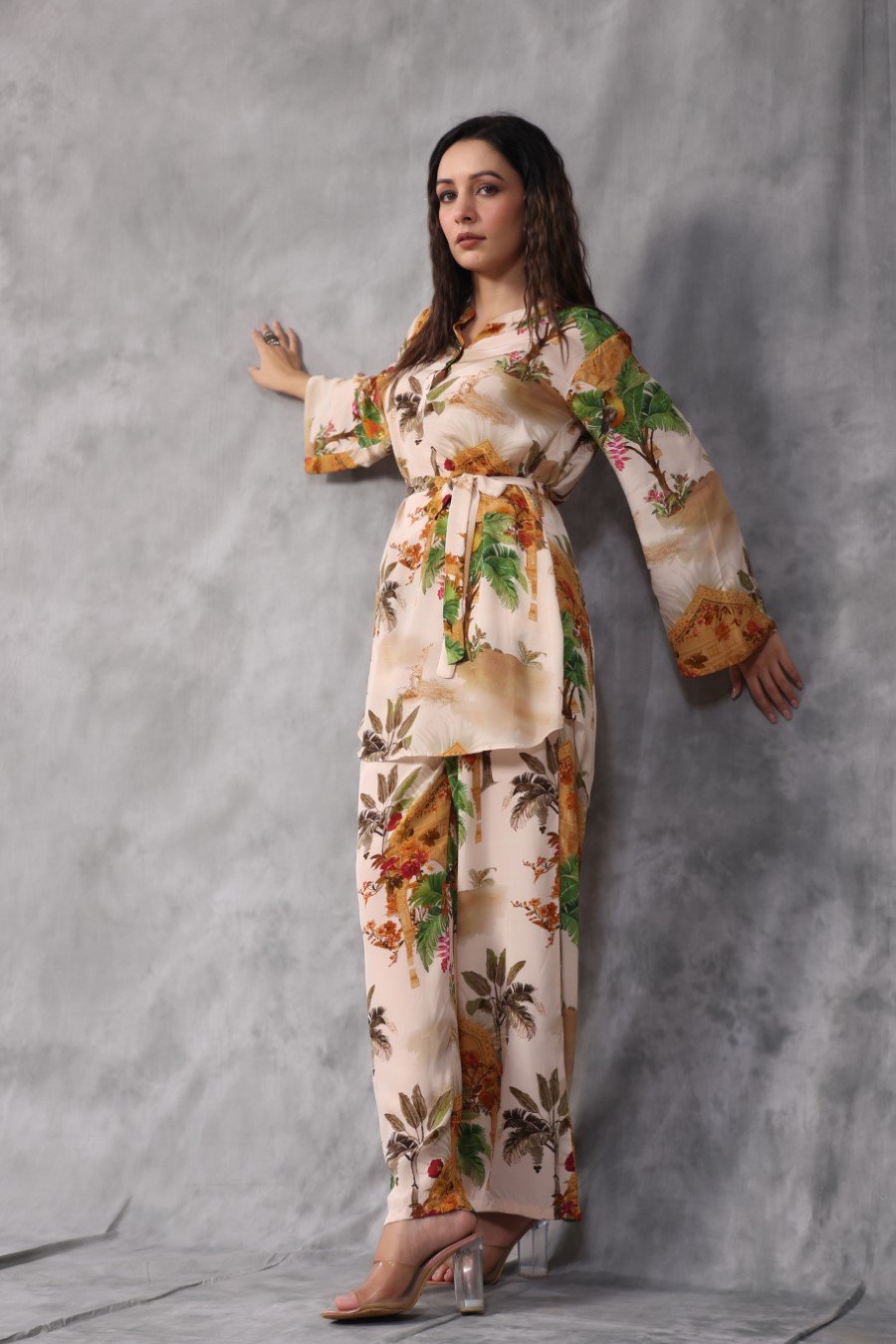 Cream Tropical Printed Moorish Crepe Co-ord Set