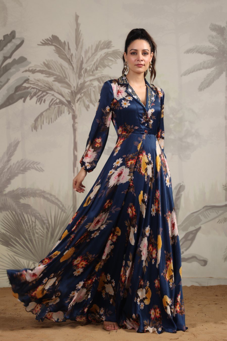 Navy Blue Floral Satin Georgette A-Line Dress