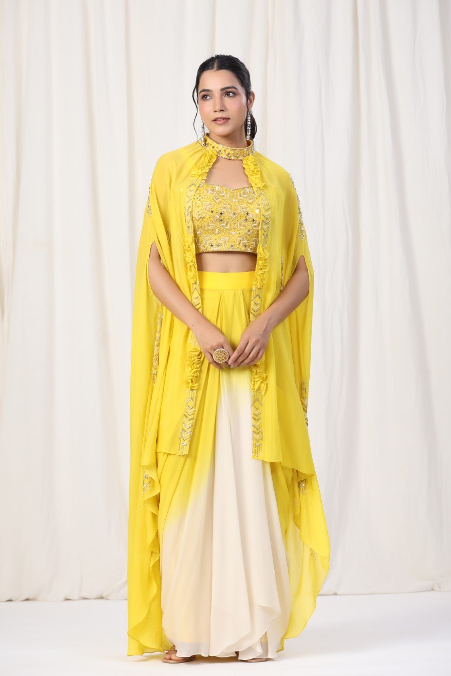 Yellow Embellished Spanish Silk Skirt Top with Cape