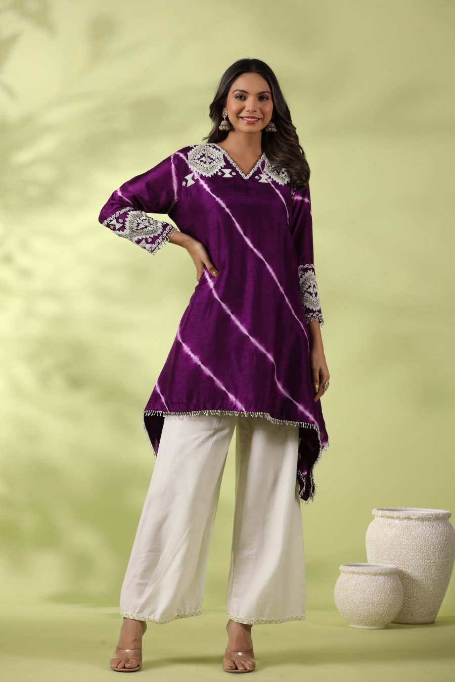 Purple Tie-dyed &amp; Embroidered Asymmetrical Kurta with Palazzo