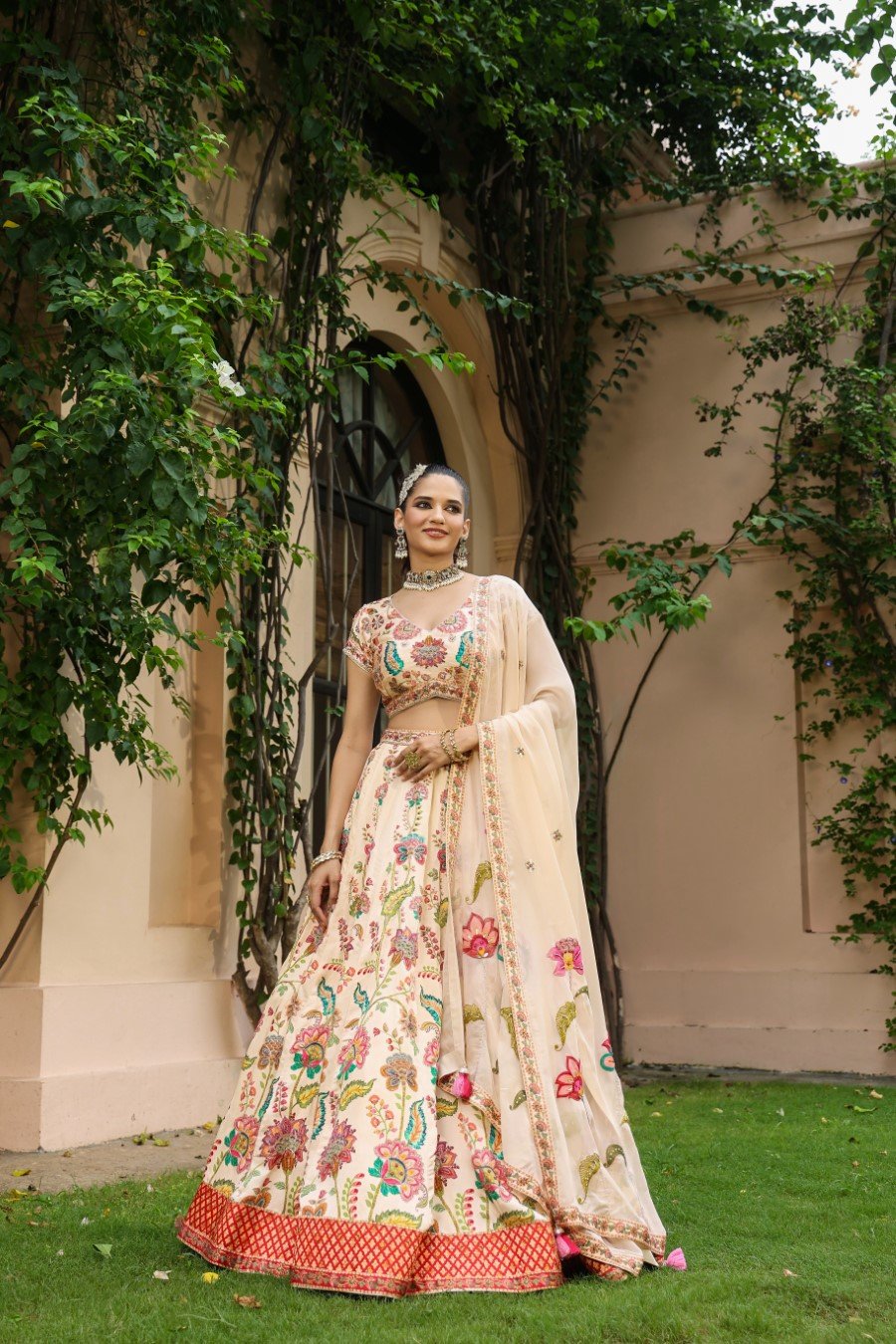 Off White Floral Printed Raw Silk Lehenga Set