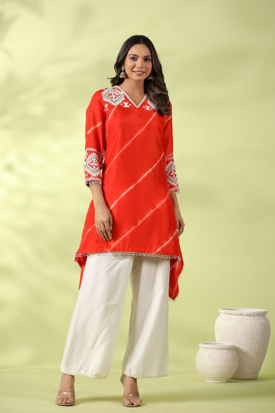 Orange Tie-dyed &amp; Embroidered Asymmetrical Kurta with Palazzo