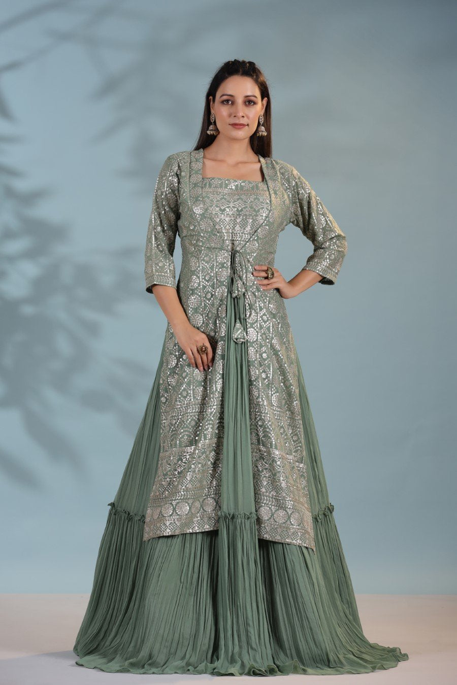 Dusky Green Sequin Embellished Gown with Cape