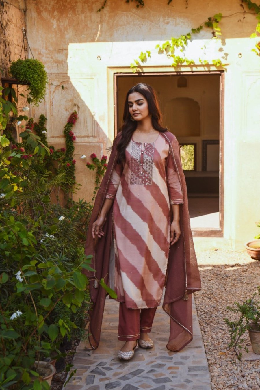 Light Brown Leheriya Embellished Kurta Set