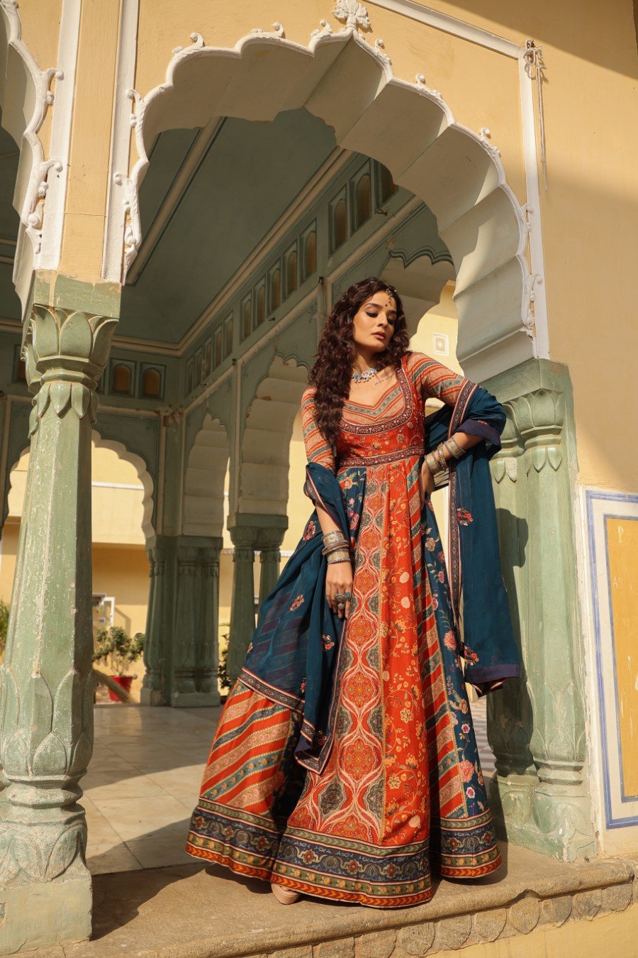 Red Mughal Printed Anarkali with Dupatta