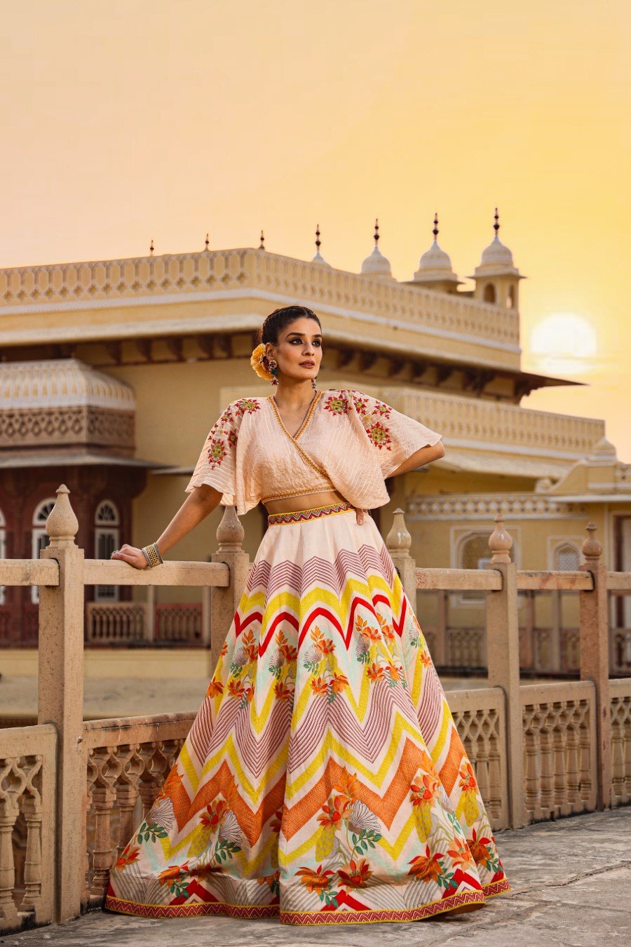 Peach Embroidered Crop Top with Skirt